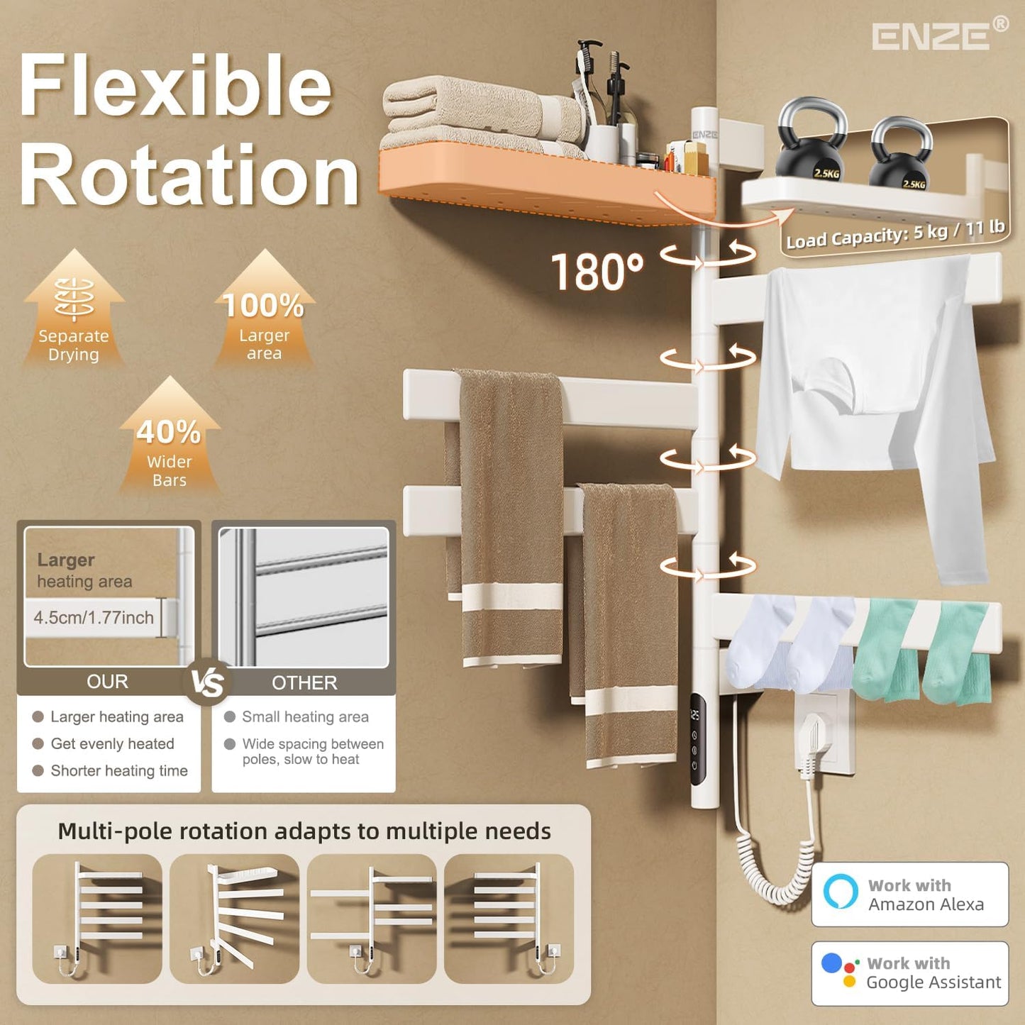 ENZE Smart Rotating Heated Towel Rack for Bathroom, Wall-Mounted Electric Towel Dryer with Swivel Bars & Shelf, Smart Timer, Low Carbon Steel, Plug-in/Hardwired, Towel Warmer with Wi-Fi App Control
