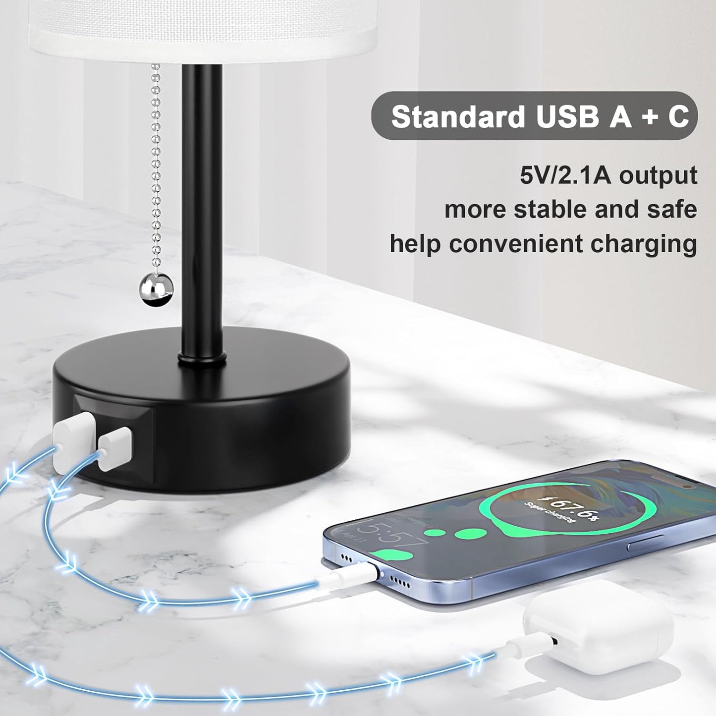 White Bedside Lamps for Bedroom Set of 2 - Nightstand Table Lamp with USB A + C Charging Port, 3 Color Temperatures Pull Chain Night Stand Light, Side Table Desk Reading Lamp for Living Room/Dorm