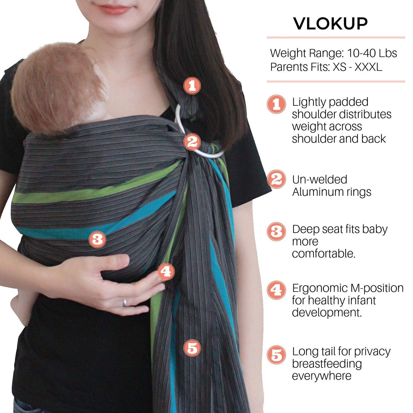 Ring Sling Baby Carrier, Soft Cotton Baby Sling Carrier Newborn to Toddler, Baby Wrap Carrier for Plus Size Parents, Perfect Shower Gift, Gray Wave