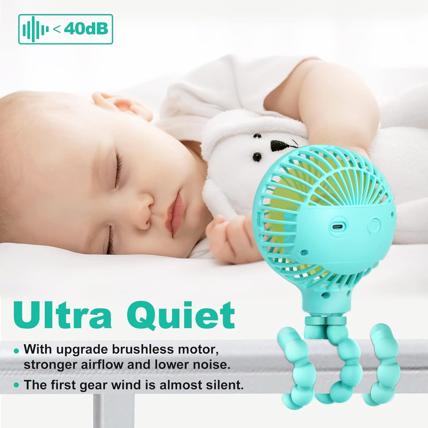 TRELC Mini Stroller Fan, 19H Ultra-long Battery Life, Personal Handheld Clip on Portable Rechargeable Fan with Flexible Tripod, Gift for Children Baby Office Room Car Travel BBQ Gym (Mint Green)