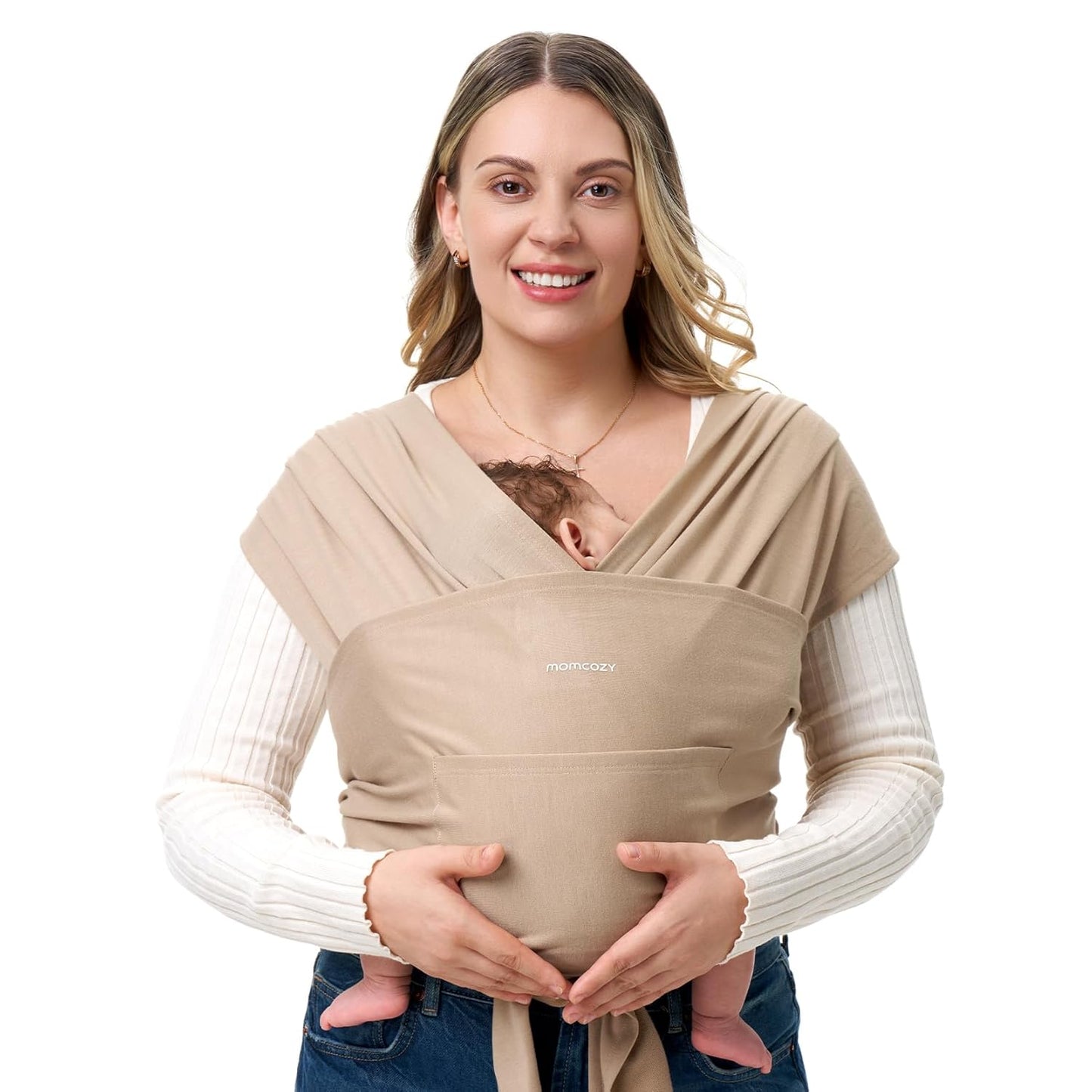 Momcozy Baby Wrap Carrier - Easy to Wear Infant Carrier Slings, Lightweight Hands Free Baby Sling, Adjustable Baby Carriers for Newborn to Toddler 8-35 lbs, Baby Wraps Carrier, Light Curry