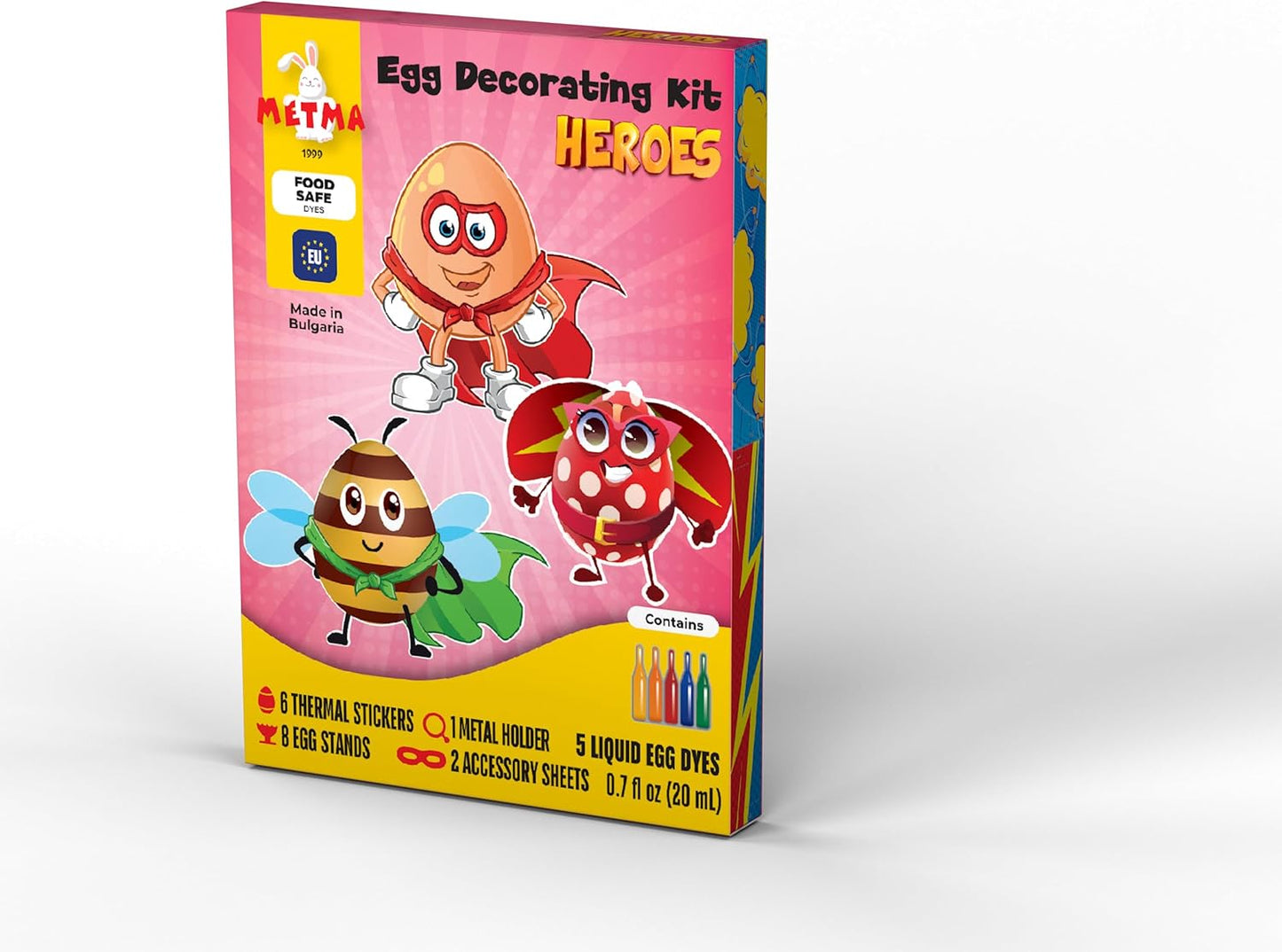 METMA 1999 Egg Decorating Kit Heroes - Complete Decorative Eggs Set with Liquid Dyes, Stickers, Egg Spinner, and More - Fun Easter Egg Dye Kit Arts and Crafts for Kids