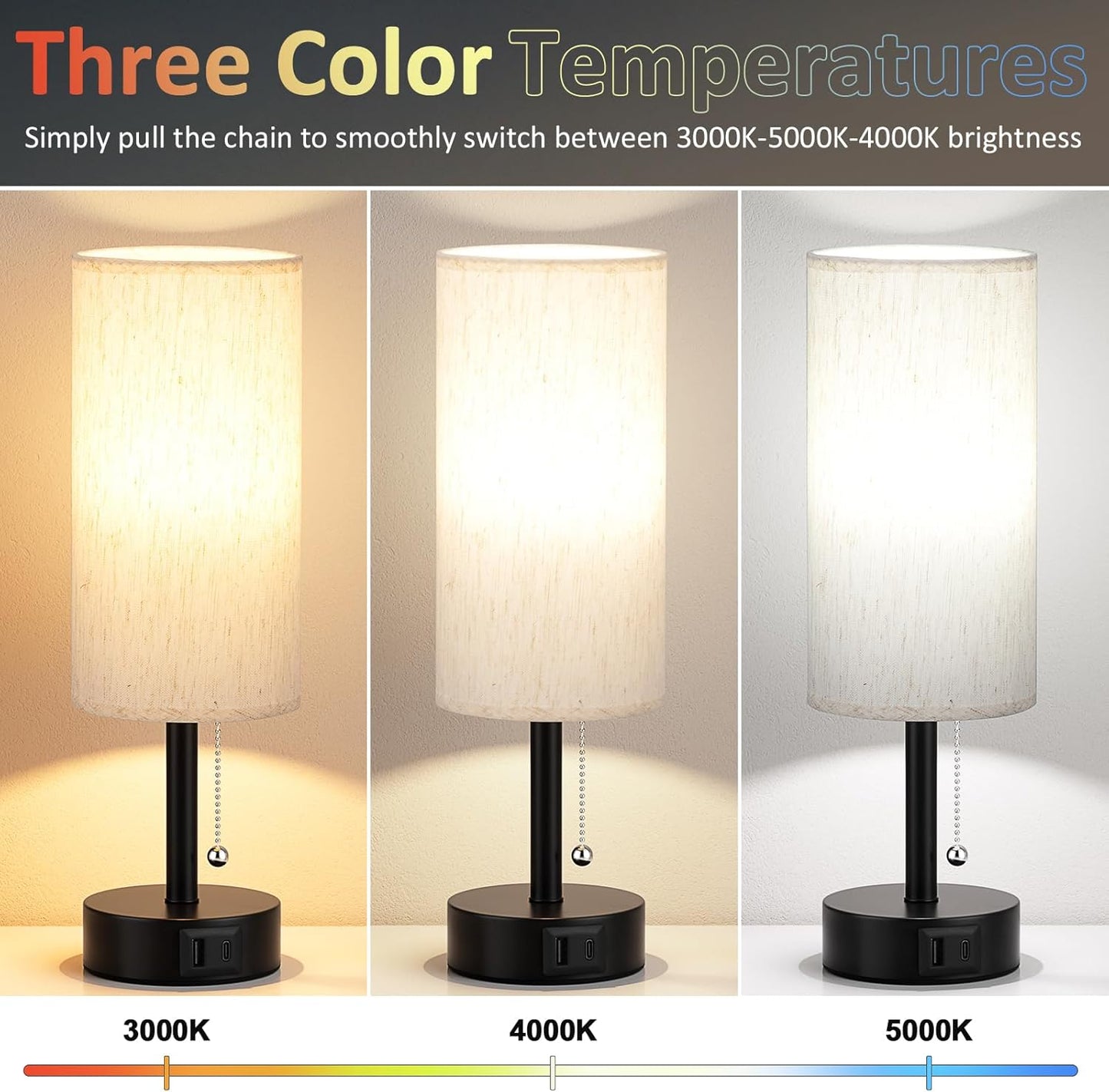 USB Bedside Table Lamps Set of 2-3 Color Temperatures Pull Chain Lamp with USB C and A Charging Ports, Round Night Stand Lamps for Bedroom