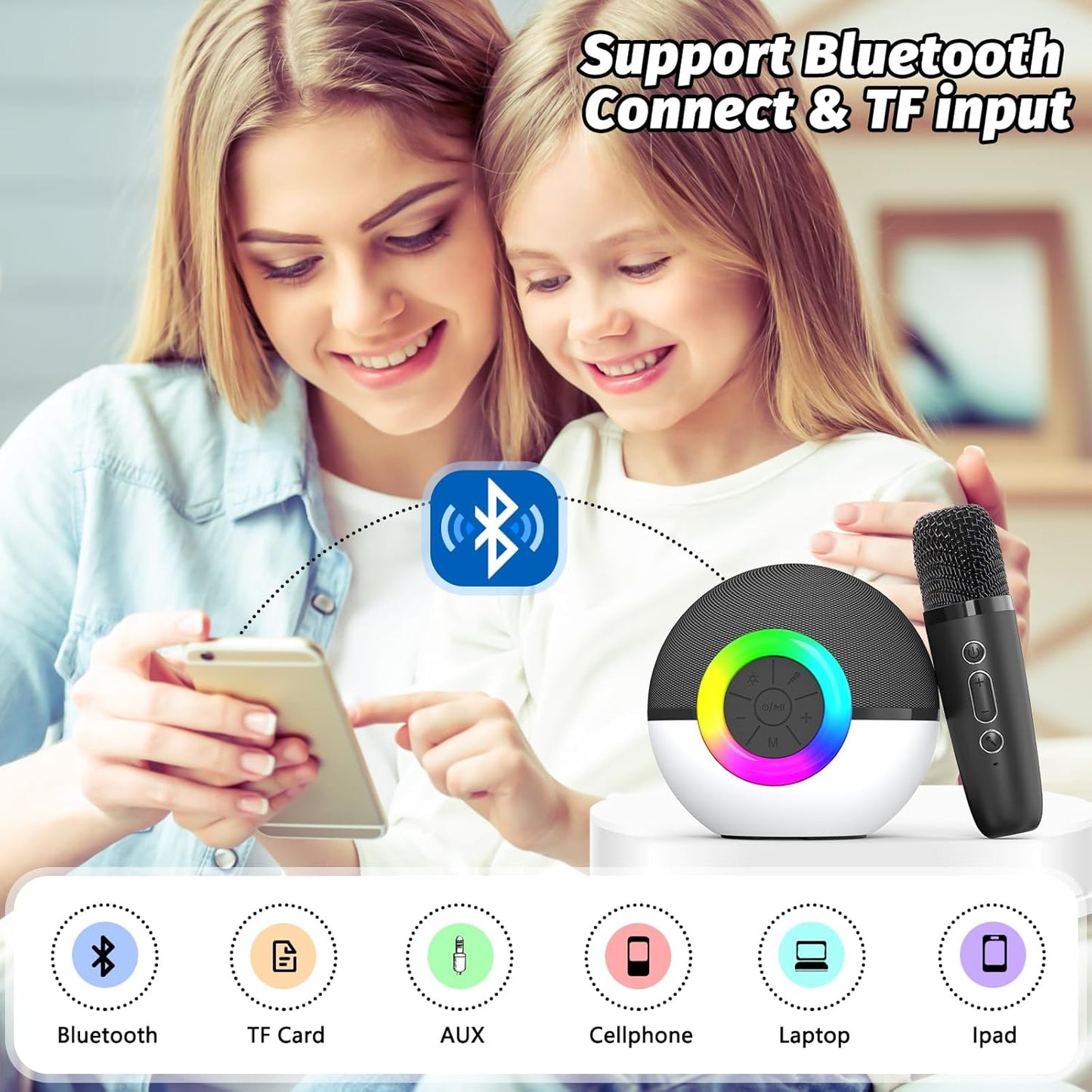 goopow Mini Karaoke Machine Speaker for Kids Adults, Portable Bluetooth Microphone Song Toys with LED Light, Best Chritmas Birthday Festival Gift for 3 4 5 6 7 8+ Year Old Girls Boys (Black-2 Mic)