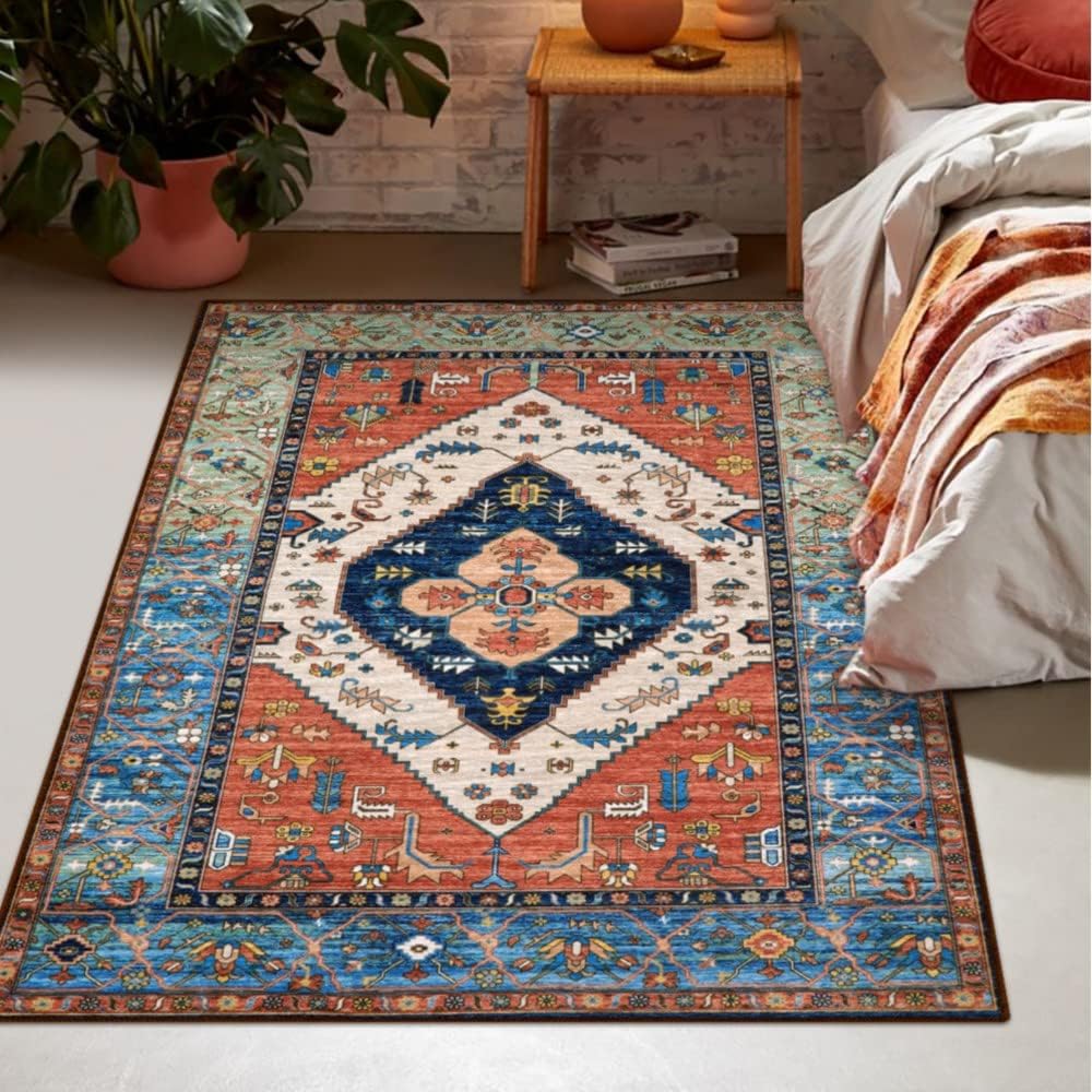 Lahome Boho Machine Washable Rugs - 5x7 Area Rugs for Living Room Non-Slip Oriental Throw Bedroom Rug Ultra-Thin Large Office Dining Room Rug Accent Floor Carpet for Kitchen Laundry Room