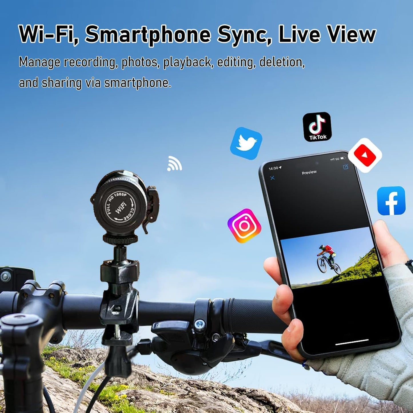 WiFi Helmet Camera, HD 1080P Bike Motorcycle Helmet Camera, IP66 Waterproof Action Camera for Cars, Bicycle, Motorbike & Sports Helmet (with 64G Card)