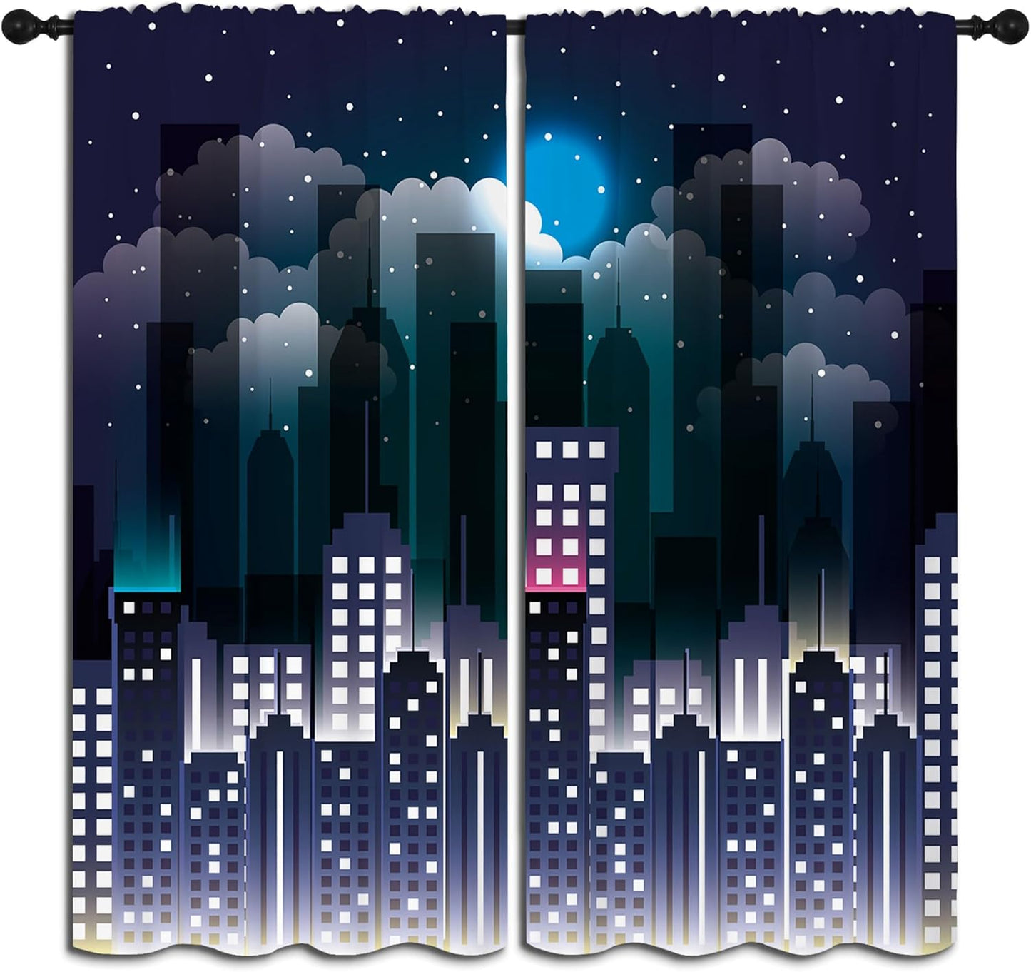 Superhero Rod Pocket Blackout Curtains for Boy Girl Bedroom, Violet Night Sky Buildings Cityscape Home Energy Efficient Light Filtering Window Curtain for Living Room,63x63 inch