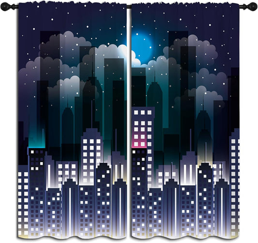 Superhero Rod Pocket Blackout Curtains for Boy Girl Bedroom, Violet Night Sky Buildings Cityscape Home Energy Efficient Light Filtering Window Curtain for Living Room,63x63 inch
