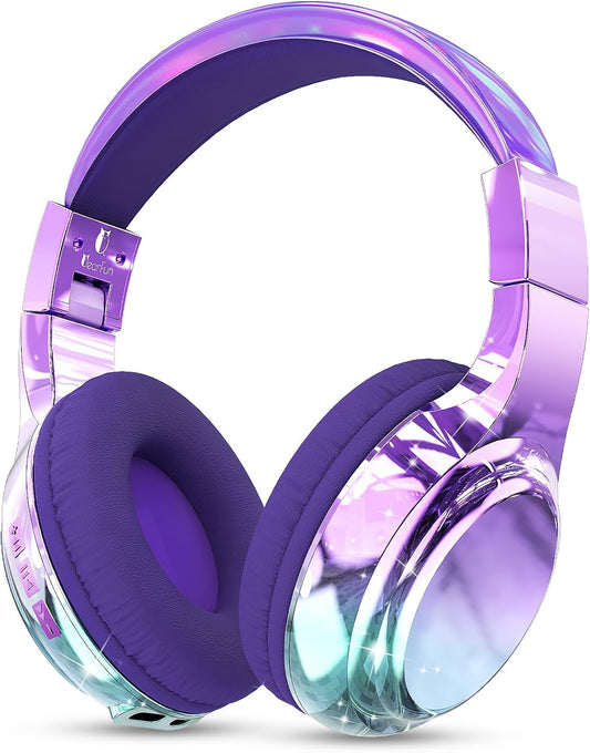 QearFun Kids Bluetooth 5.3 Headphones, Wireless Metallic Gradient Headset, Lightweight Foldable On Ear Headphones with Aux Cord, Fast Charging, Built-in Mic, for School/Travel/Tablet/iPad