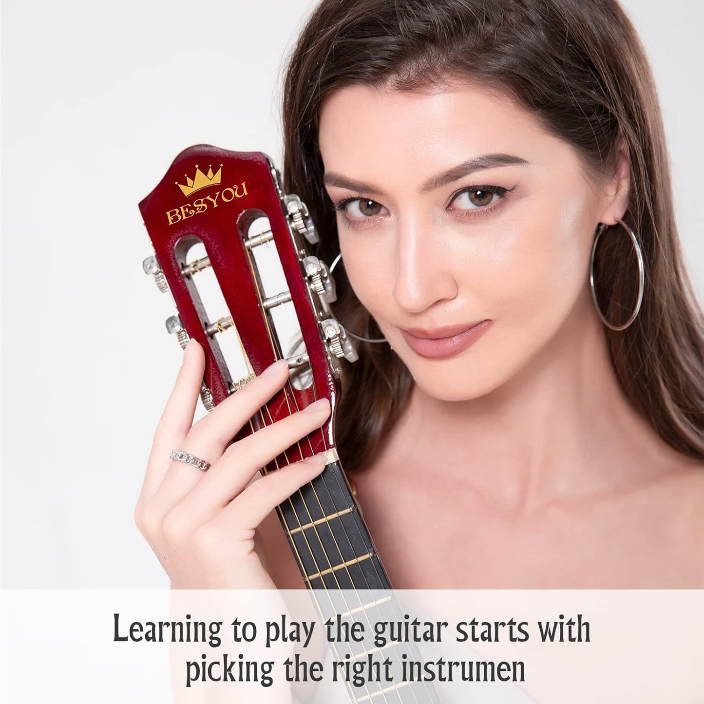 30in Beginner Kids Acoustic Guitar Basic Starter Kit Tuner Capo Strings Winders Strap Picks Student Youth Toddler Guitar Pickguard with Gig Bag Brown