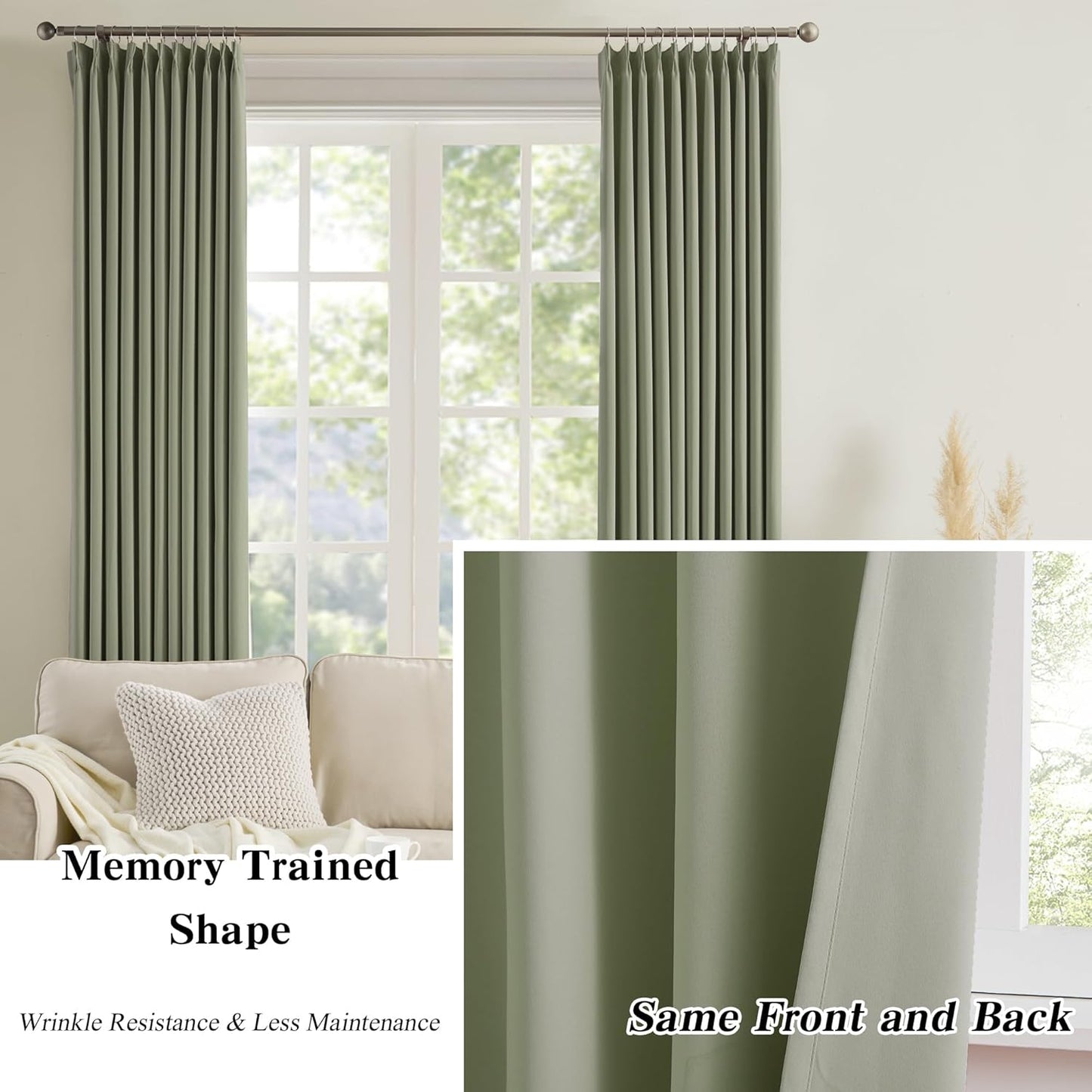 KEQIAOSUOCAI 90 Inch Light Sage Green Blakcout Curtains with Pinch Pleat,Room Darkening Energy Saving Insulated Soundproof Window Treatments for Bedroom/Closet(2 Panels, 40 x 90 Inch, Sage)