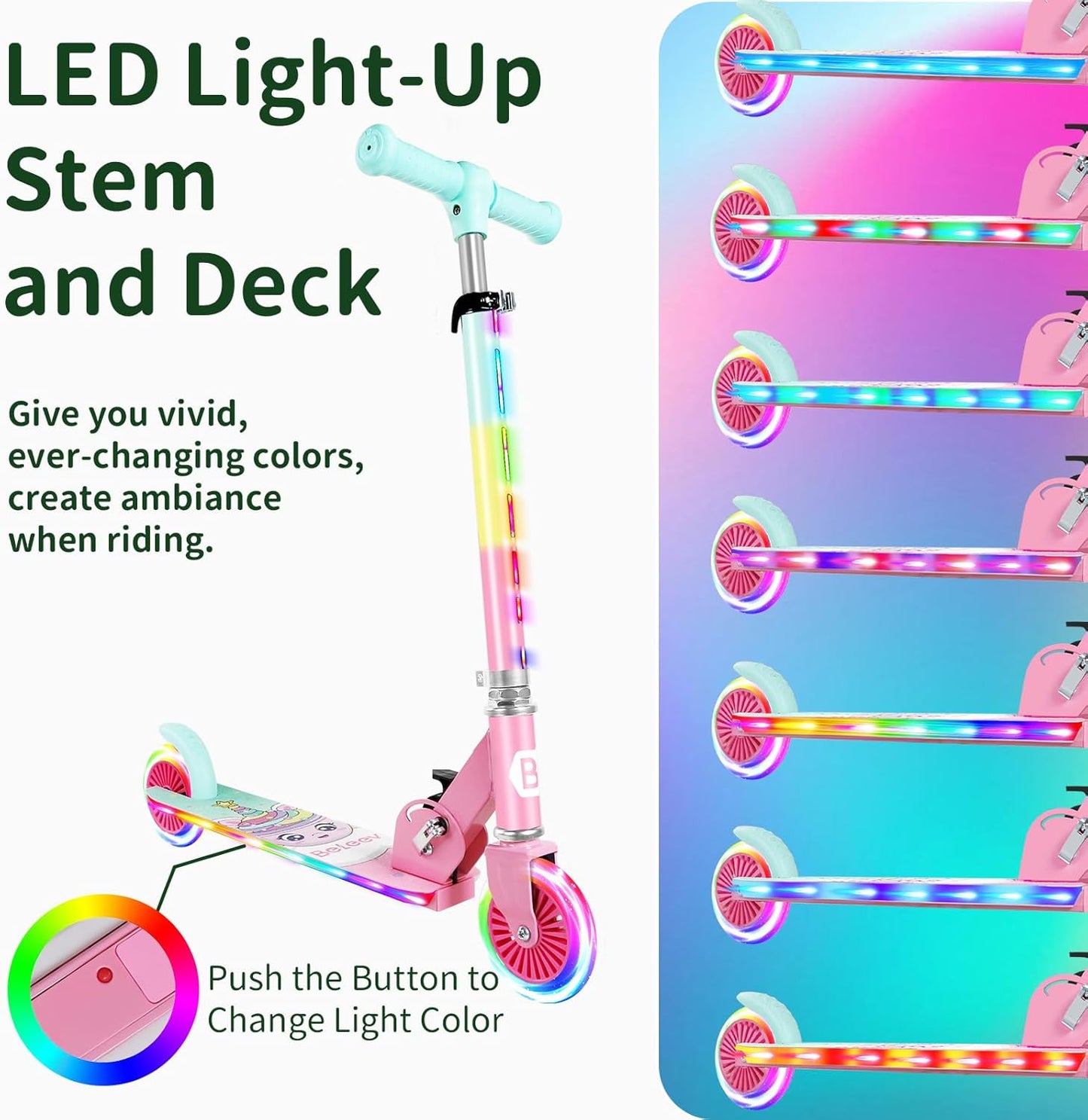 BELEEV V2 Scooters for Kids with Light-Up Wheels & Stem & Deck, 2 Wheel Folding Scooter for Girls Boys, 3 Adjustable Height, Non-Slip Pattern Deck, Lightweight Kick Scooter for Children Ages 3-12