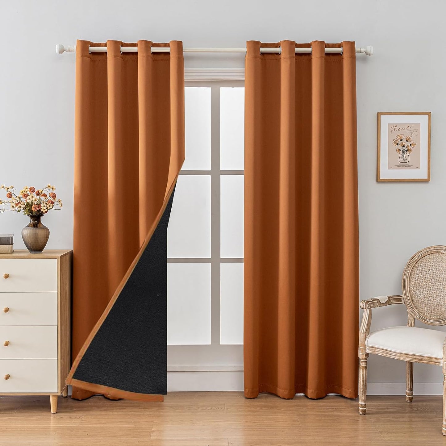 Anytime 100% Blackout Curtain Set, Thermal Insulated & Energy Efficiency Window Draperies for Guest Room, Full Shading Panels for Shift Worker and Light Sleepers（Orange, 2 Panels, 52W x 102L）
