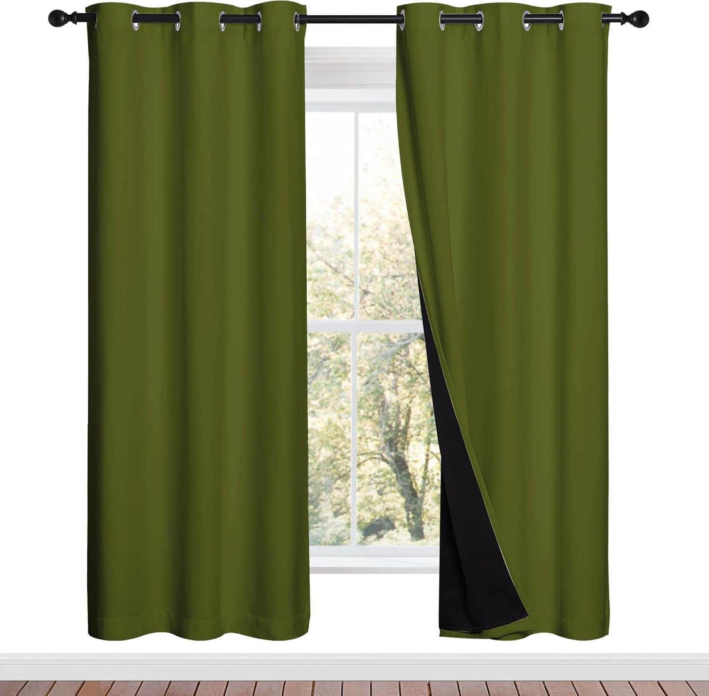 NICETOWN Olive Green Full Shade Curtain Panels, 37" Wide x 70" Long, Olive Green, Pair of Thermal Insulated & Energy Efficiency Blackout Drapes for Living Room, Lined Silky Performance Window Dressing