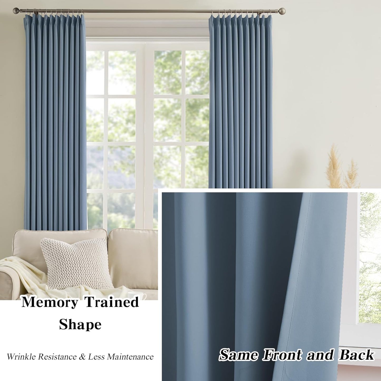 KEQIAOSUOCAI 2 PCs Dusty Blue Pleat Wide Drapes for Sliding Glass Door 60 Wide x 95 Inch Long, Privacy Light Block Noise Reduce Insulated Ceiling to Floor for Locker Room Basement Bedroom Closet