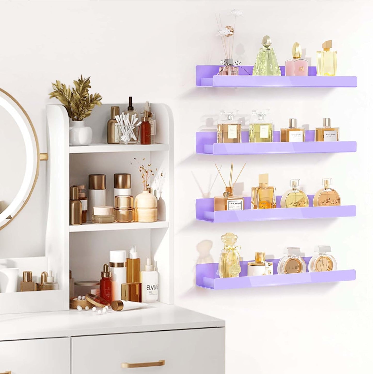 4 Pack 15 Inch Purple Acrylic Shelves, Kids Floating Bookshelf for Kids Room, Modern Nail Polish Rack Sunglasses Essential Oil Picture Ledge Display Toy Storage Wall Shelf