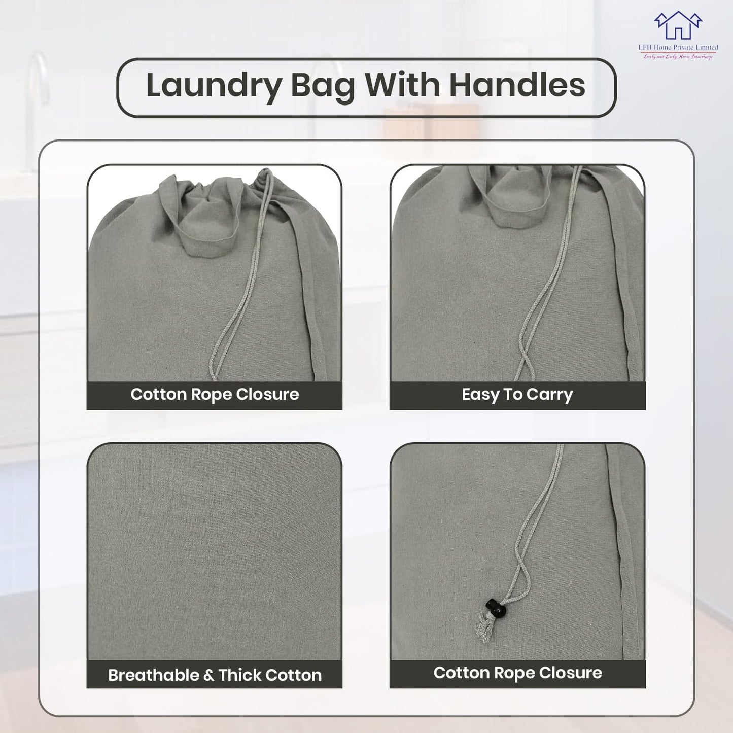 LFH Home Cotton Canvas Large Laundry Bag with Handle, Heavy Duty Drawstring Closure Washable Laundry Bags, School Travel, Home, Hotel, College Dorm, Organizer Sack, Toys Clothes 20x30-Grey