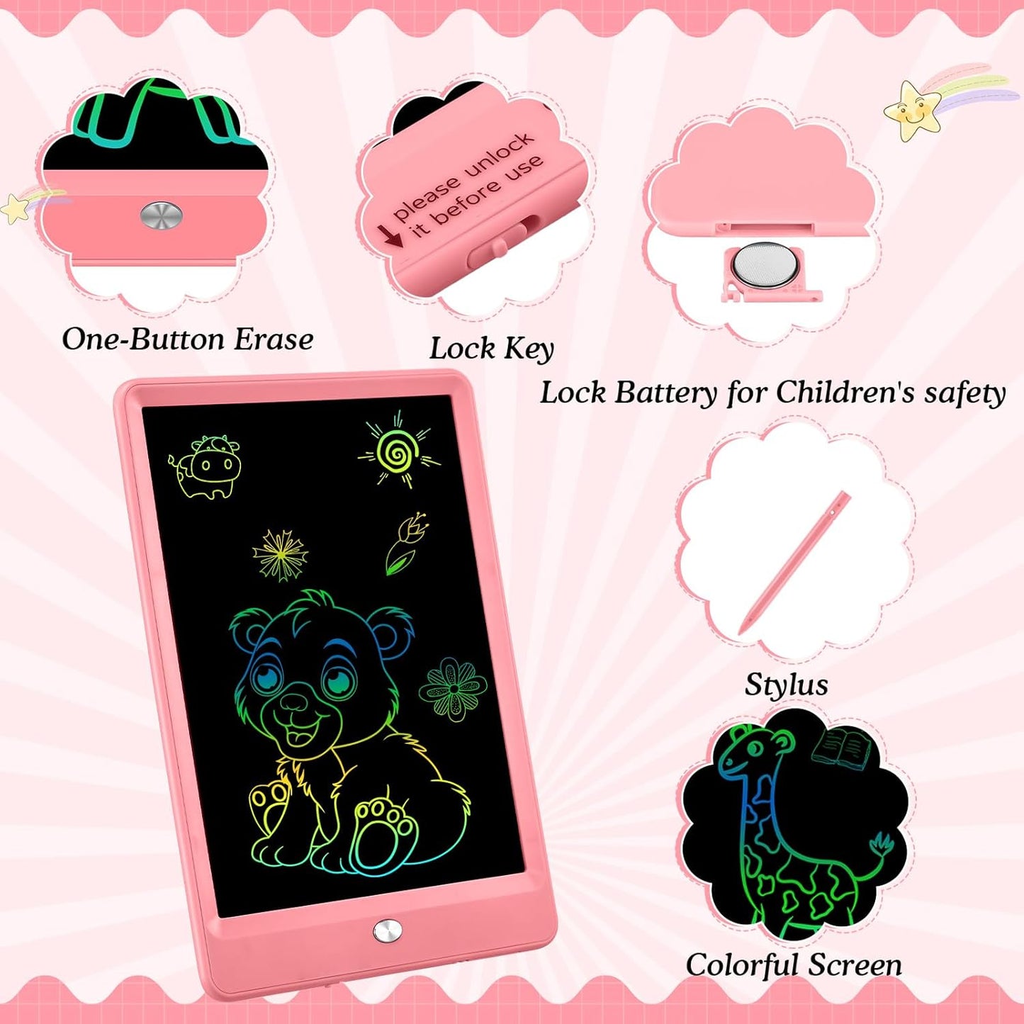 Decute Kids Toys LCD Writing Tablet with Stylus, 8.5 Inch Erasable Toddlers Doodle Board, Reusable Drawing Pad for Kids, Educational Christmas Birthday Gift for 3 4 5 6 7 8 Girls Boys Toddler Pink