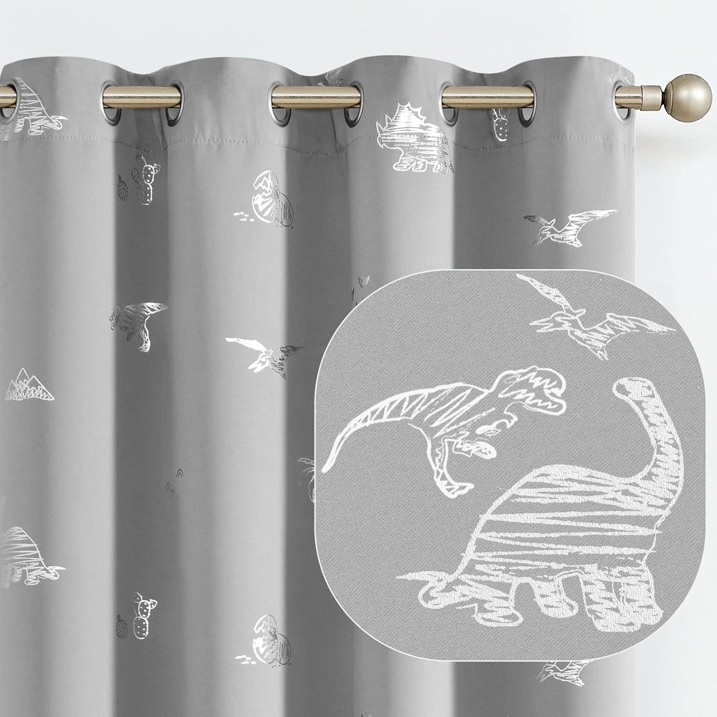 Vangao Grey Blackout Curtains Dinosaur Curtains for Boys Kids Nursery Girls Room Silver Dino Foil Print Thermal Insulated Grommet Top Window Drapes 63 Inches Length 2 Panels