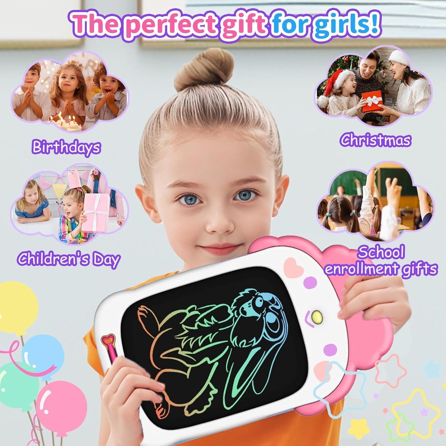 LCD Writing Tablet for Girl 3 4 5 6 Year Old 10 Inch, Drawing Board, Doodle Pad, Paint, Travel Toys, Road Trip, Birthday Gifts for Kids (Pink Bunny)
