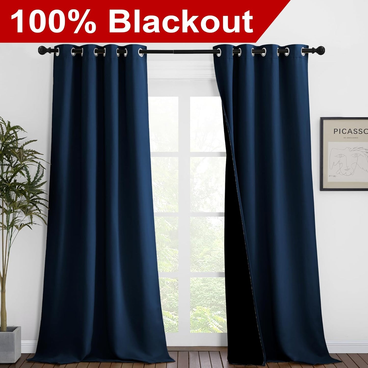NICETOWN 100% Blackout Blinds, Set of 2, 46 inches x 96 inches, Laundry Room Decor Window Treatment Curtains for Large Patio Sliding Door, Thermal Insulated Moroccan Blue Curtains for Bedroom