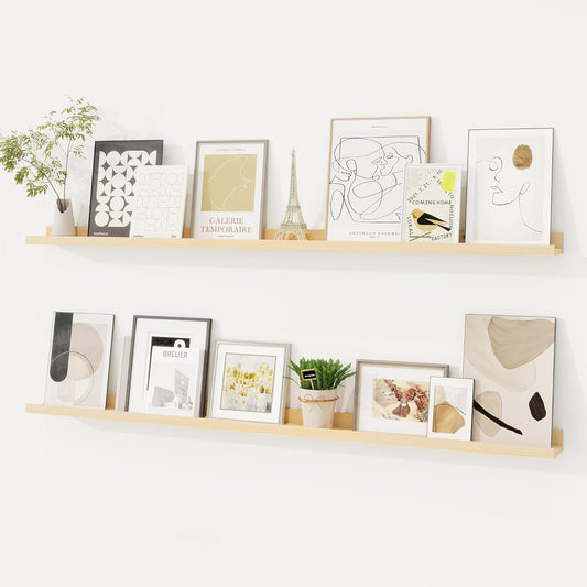 Picture Ledge Shelf, Solid Pine Wood Floating Shelves Set of 2, 48 Inches Nursery Book Shelves for Toys Storage, Kids Bookshelf Wall Mounted for Living Room Decor Photo Frames, Unfinished Natural