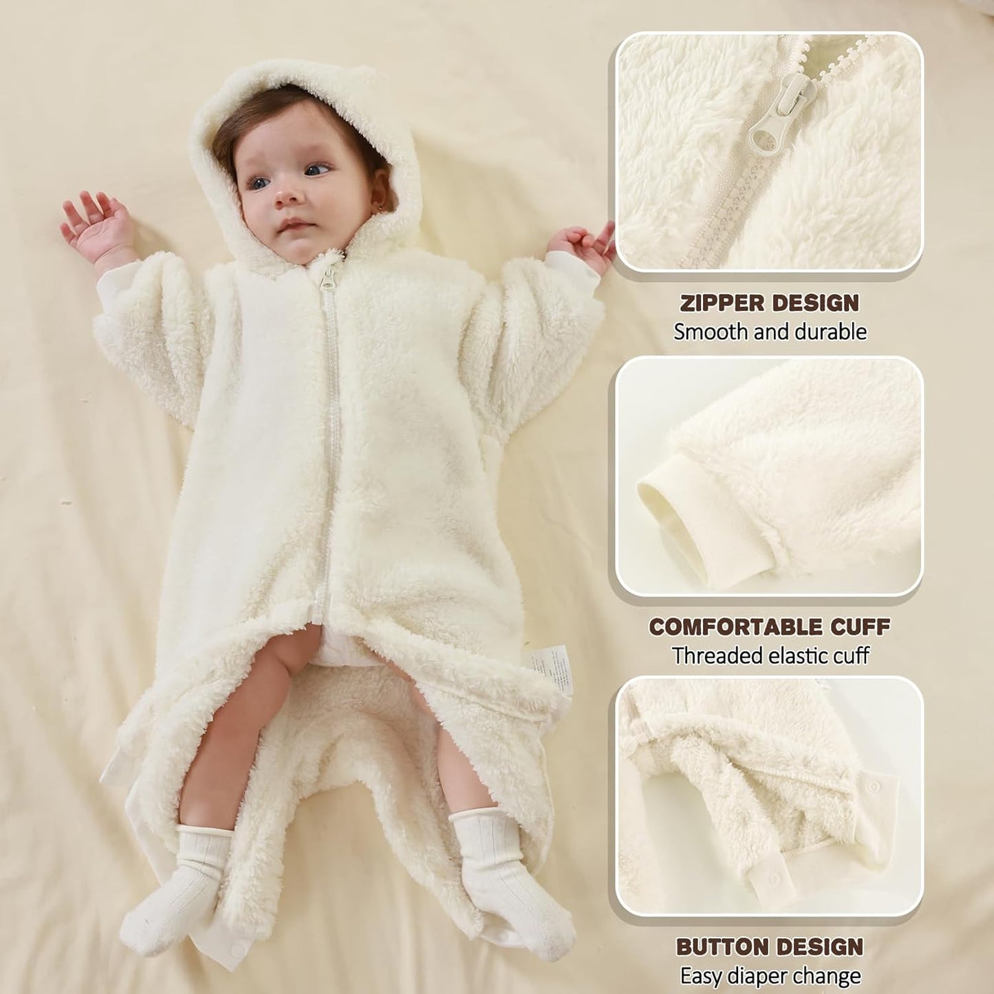 Newborn Baby Bear Outfit Suit Girls Boys Fleece Jumpsuit Romper Hooded Winter Snowsuit Clothes