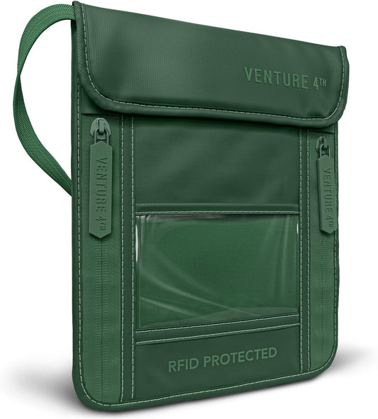 VENTURE 4TH Passport Holder Neck Wallet with RFID Blocking Nylon Lining - Hidden Neck Pouch for Travel (Sleek Army Green)