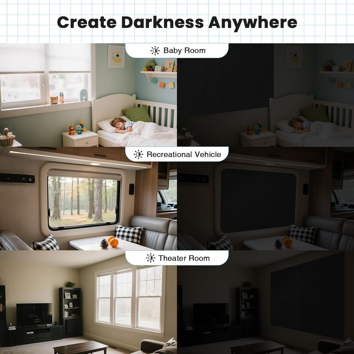 REDRICE Temporary Blackout Shades, 157" x 57" Portable Blackout Curtains, 100% Blackout Blinds Room Darkening Light Window Shades with Hook & Loop Tabs Stick-On, Window Cover for Travelers Bedroom RV