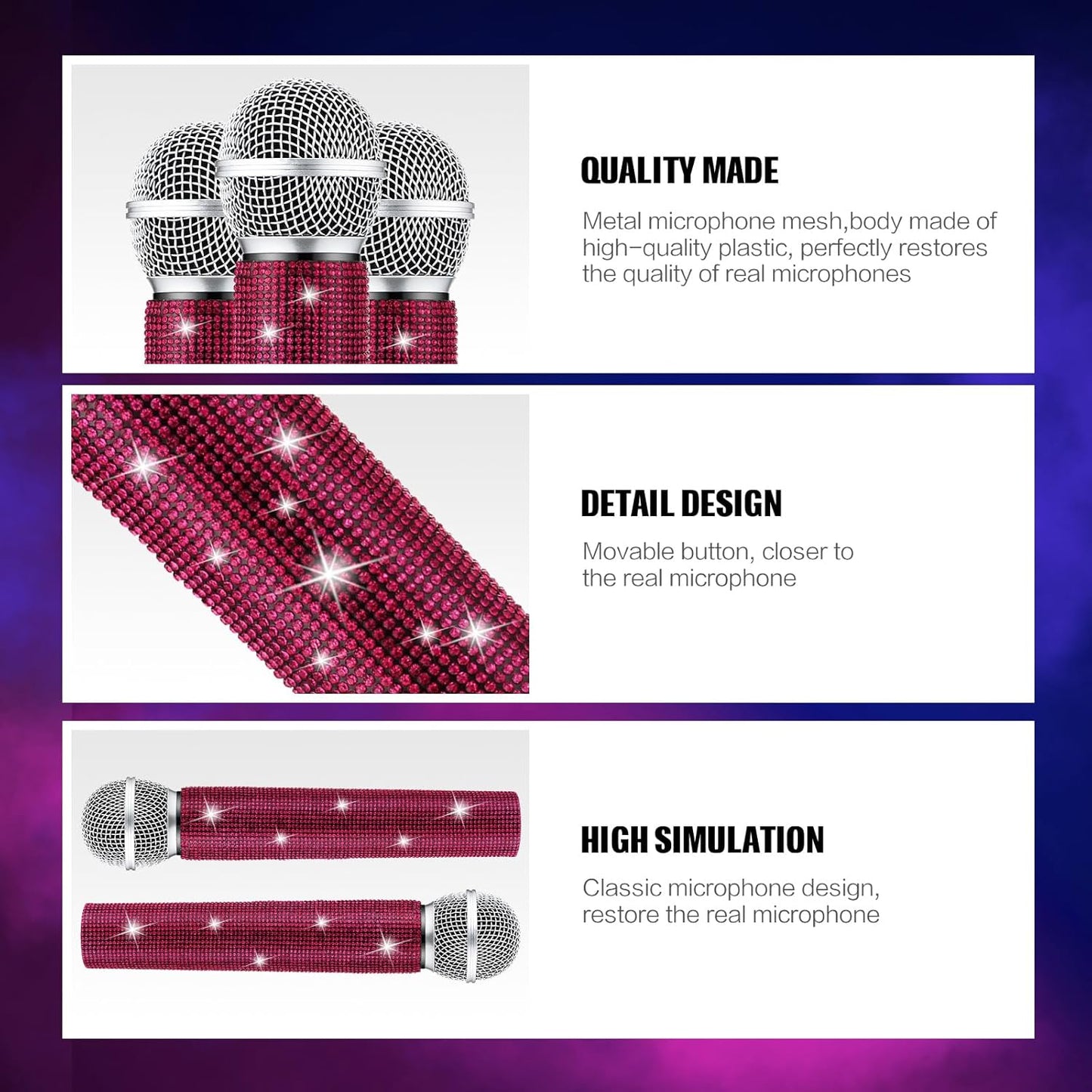 Sanwuta Fake Microphone Prop Sparkly Bling Rhinestones Plastic Play Microphone Pretend Glitter Bedazzled Mic for Cosplay Party Costume(Dark Pink)
