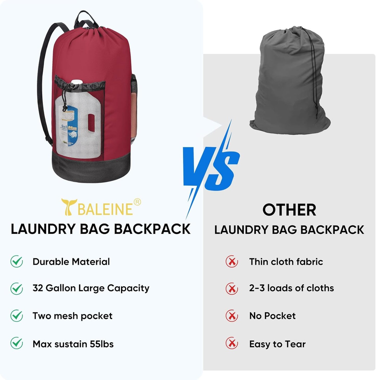 BALEINE 120L Laundry Bag Backpack, 900D Oxford Fabric Large Travel Laundry Bags with Shoulder Straps and 2 Mesh Pockets for College Dorm, Apartment, Laundromat (Red, 120L)