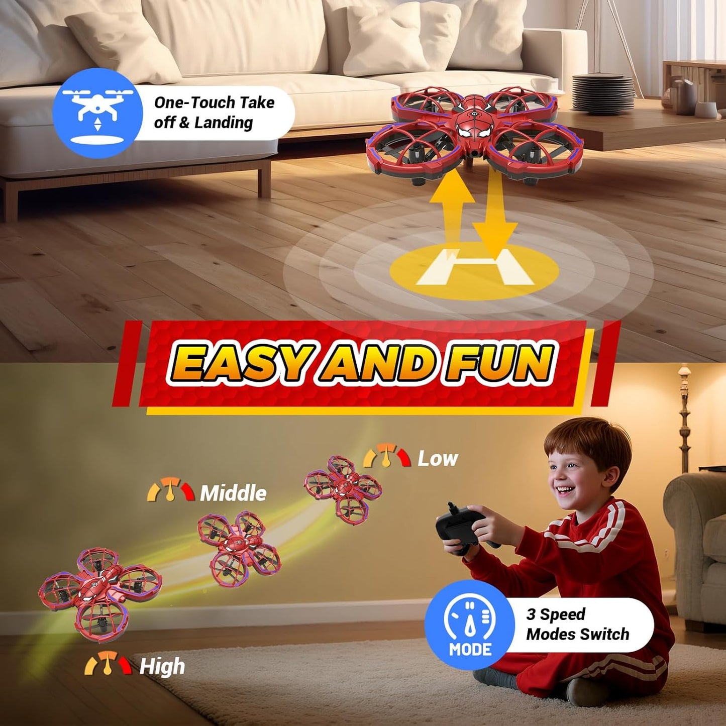 Spider Drone for Kids, Jomzuci RC Mini Drone with 360°Flip, Hover Indoor Drones for Kids 8-12 with 2 Batteries, Headless Mode, 3 Speed Mode, Quadcopter Outdoor Toys Gifts for 8-12 Year Old Boys Girls