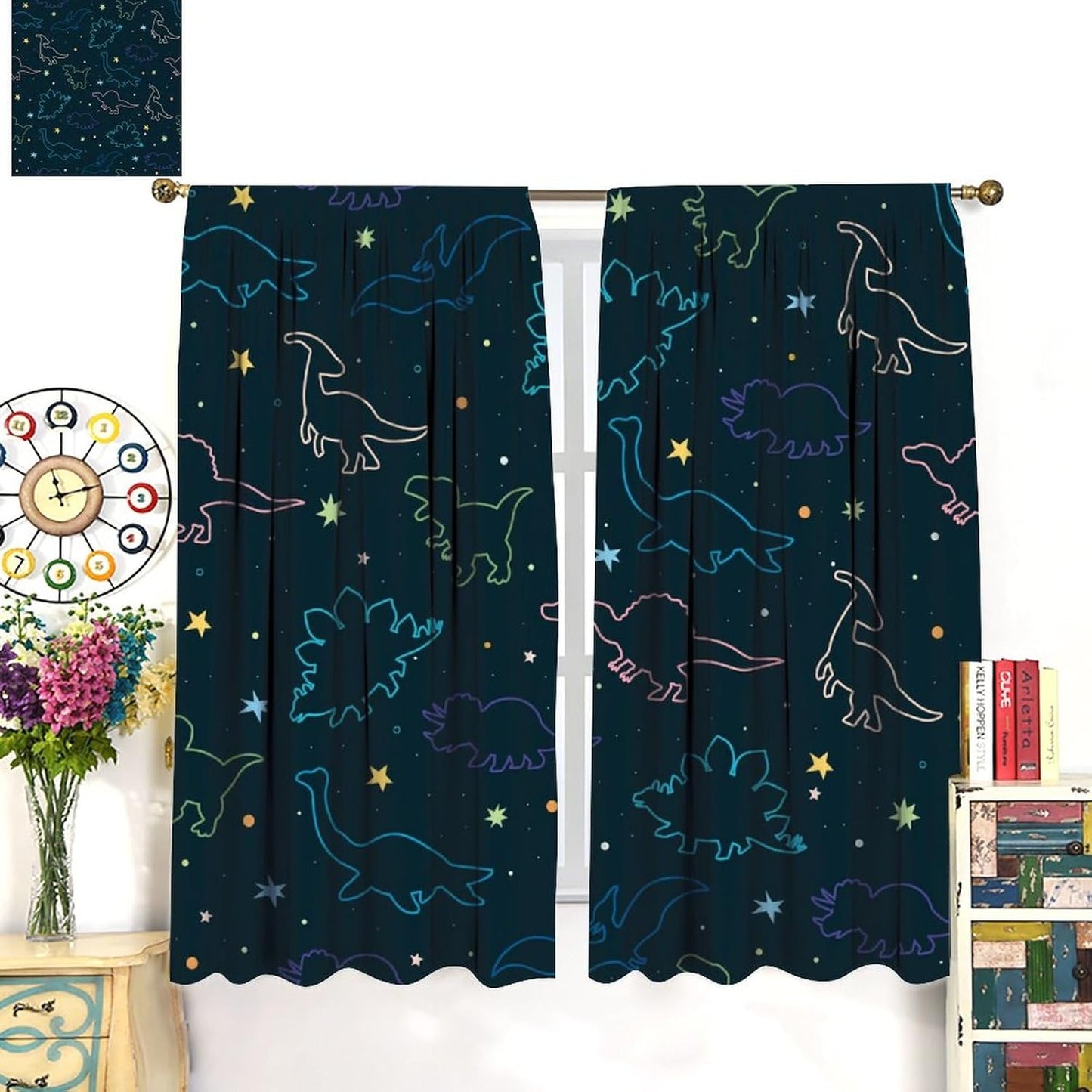 Cartoon Colorful Dinosaur Curtains for Boys Girls Home Decor, Astronaut Funny Outer Space Star Blackout Rod Pocket Window Drapes for Bedroom Living Room W21xL45in Decor