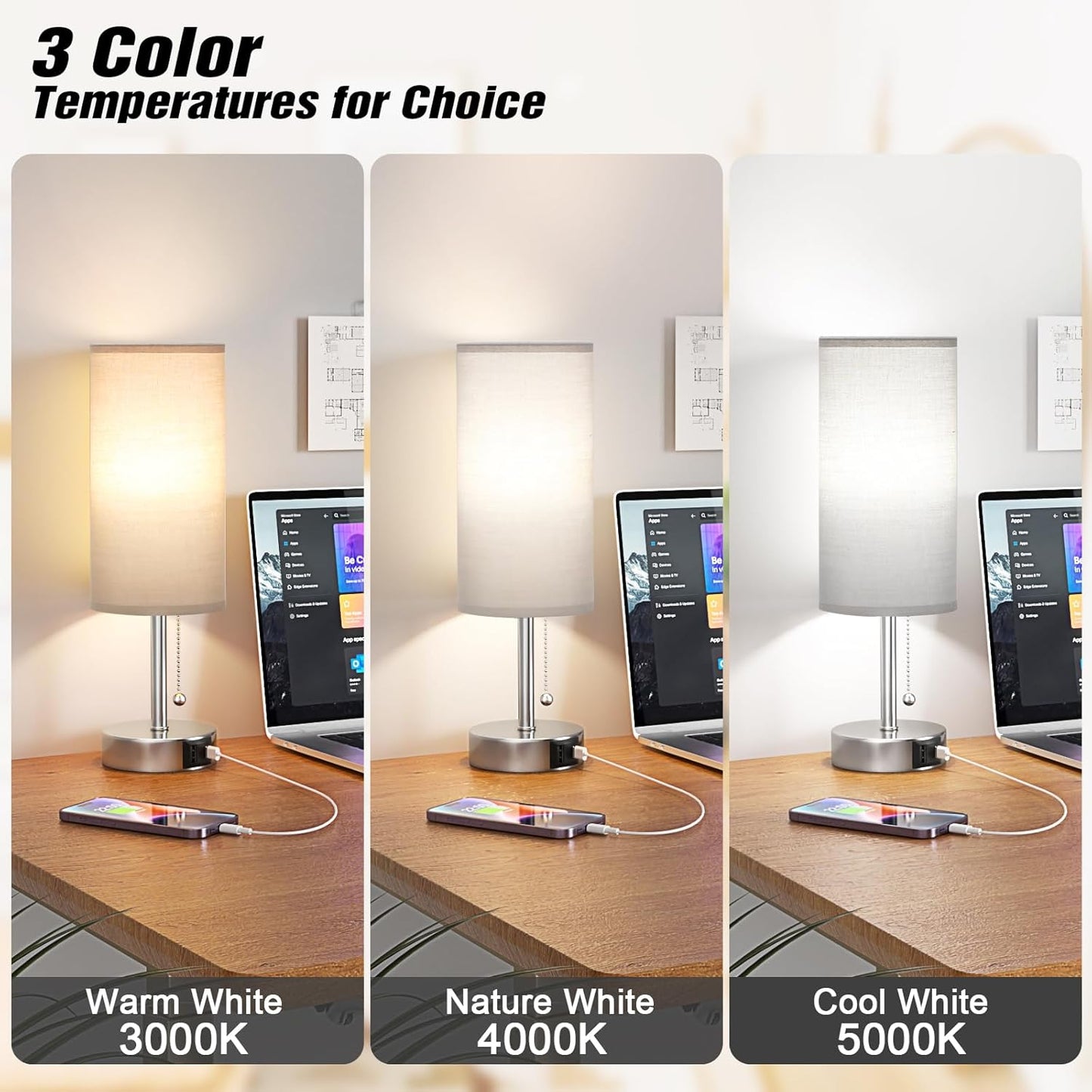 Grey Table Bedside Lamp for Bedroom Nightstand - Small Silver Lamp with USB A + C Charging Port, 3 Color Temperatures Pull Chain Night Stand Light with Bulb, Side Table Desk Lamp for Living Room