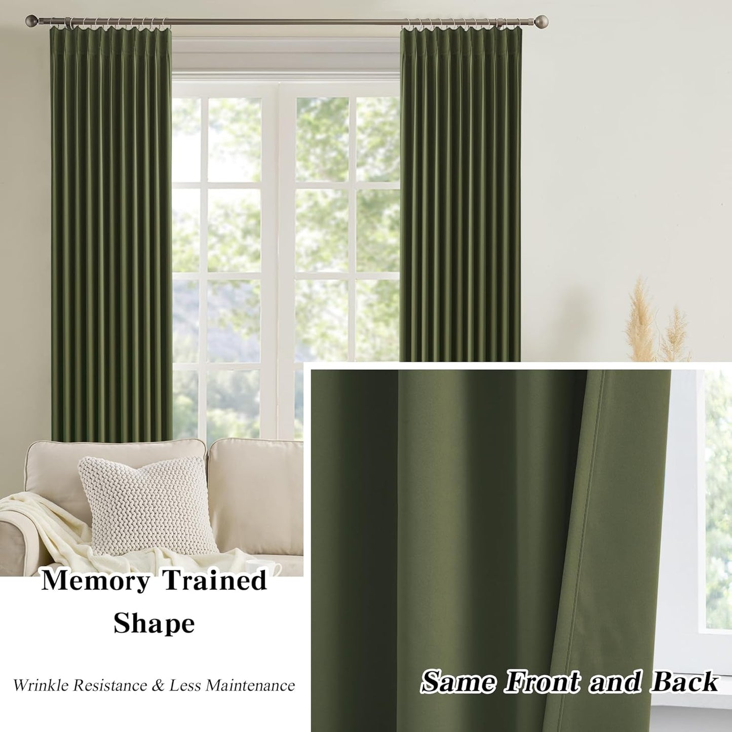 KEQIAOSUOCAI Olive Pinch Pleated Curtains 120 Inches Long, Blackout Dark Out Curtain for Living Dining Room Light Blocking Window Draperies(Dark Olive,40x120,2 Panels)