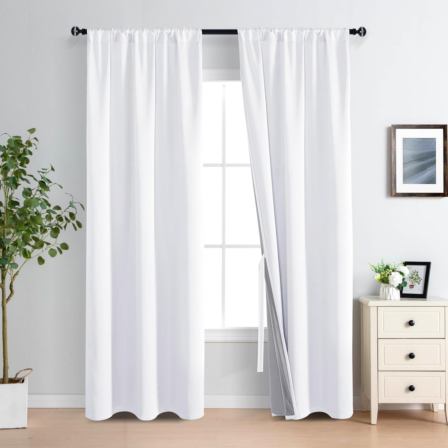 XWZO White Blackout Curtains with Tiebacks - Rod Pocket Heat and Full Light Blocking Window Panels for Bedroom/Nursery, 84 Inches Long Thermal Insulated Draperies, White, W42 x L84, Set of 2