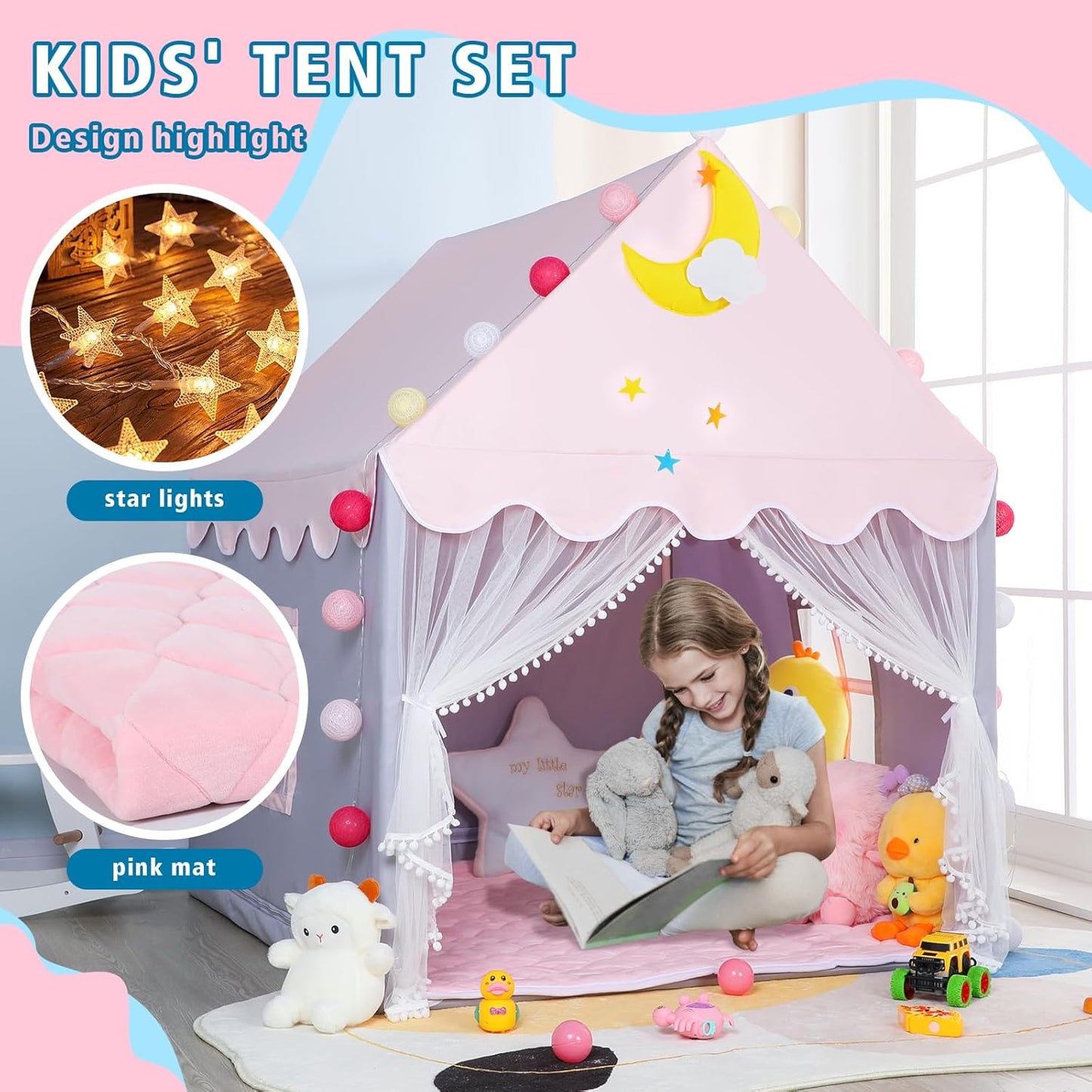 Wilwolfer Kid Tent with Mat, Star Lights - Kids Play Tents for Toddlers Kids Tents Indoor Playhouse - Princess Tent for Girls Toy House Gift (Gray with Mesh)