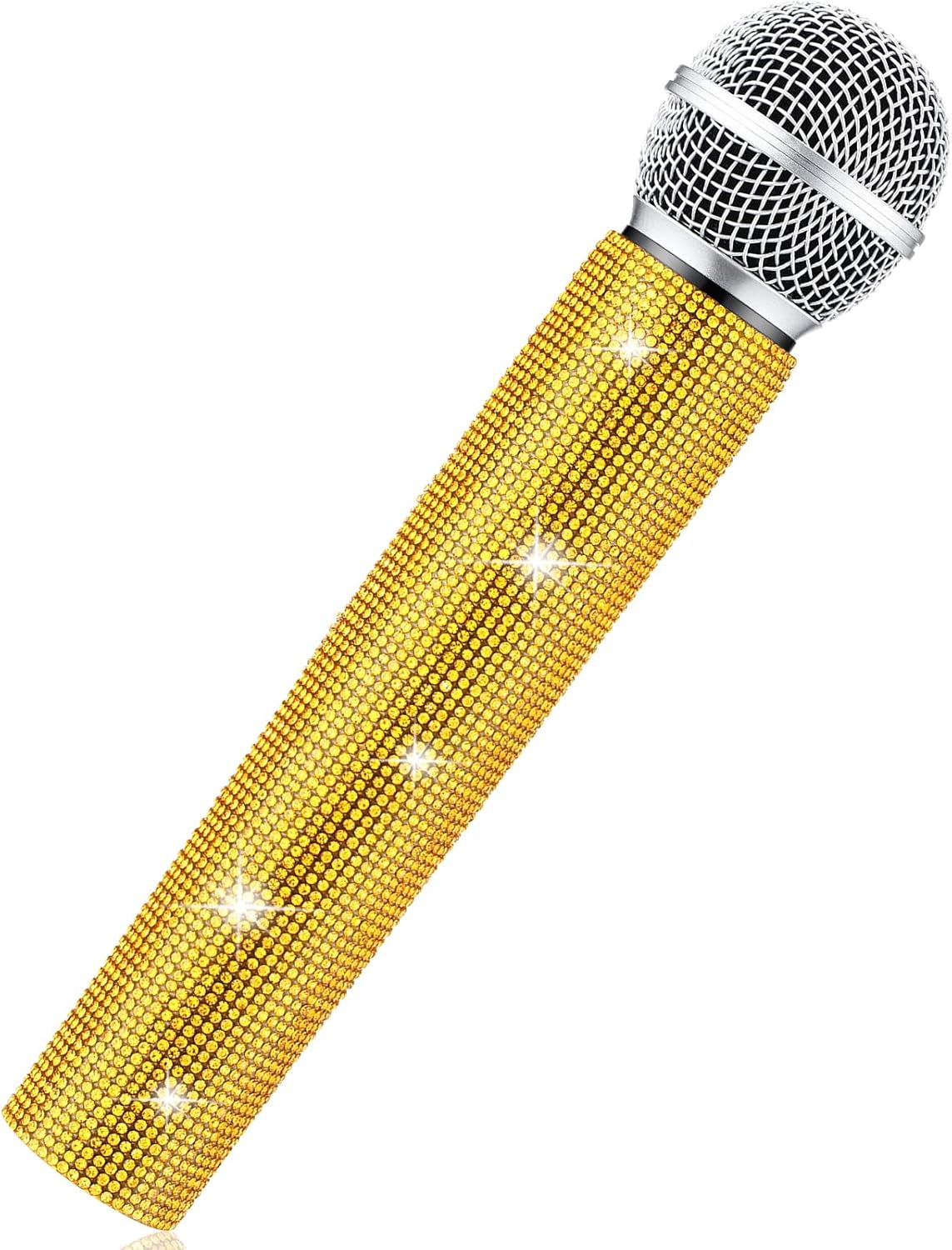 Sanwuta Fake Microphone Prop Sparkly Bling Rhinestones Plastic Play Microphone Pretend Glitter Bedazzled Mic for Cosplay Party Costume(Gold)
