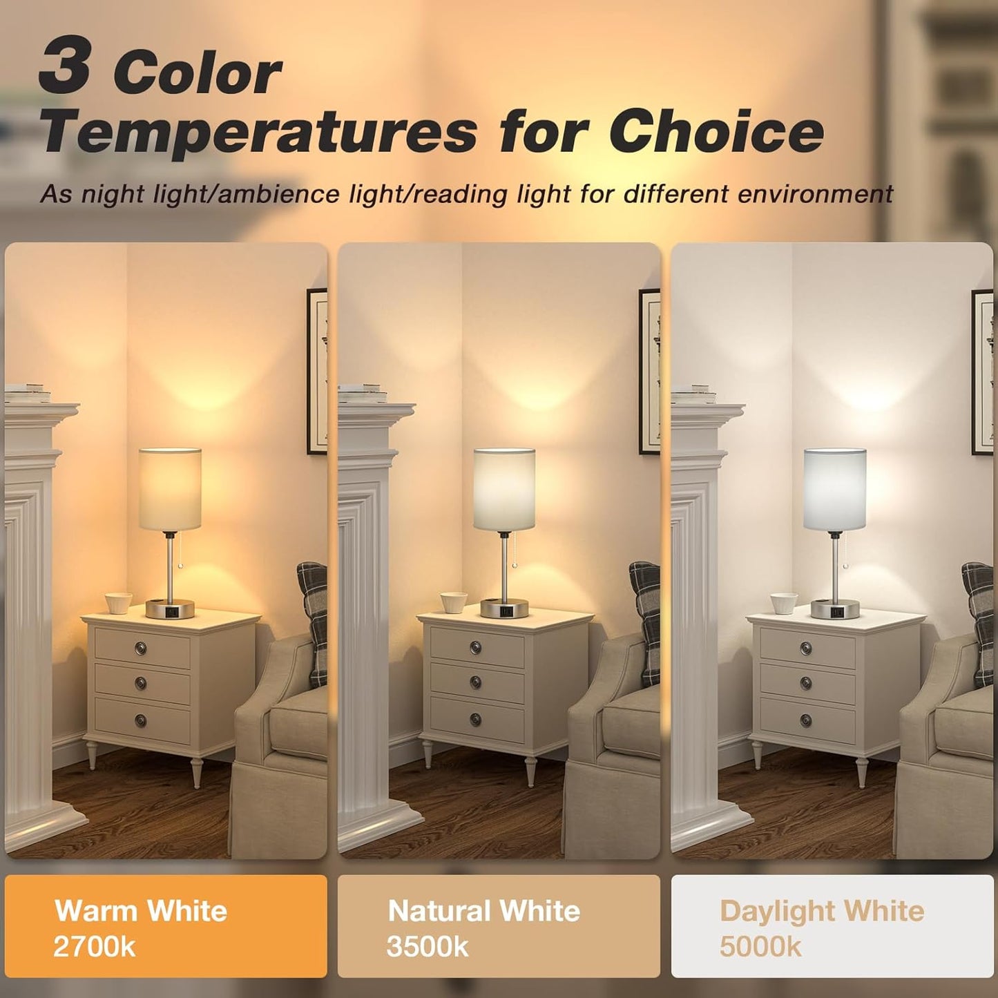 Grey Bedroom Lamp for Nightstand - 3 Color Temperature Table Lamp with USB C and A Ports, Pull Chain Bedside Lamp with AC Outlet, Desk Lamp with Silver Metal Base for Kids Girls