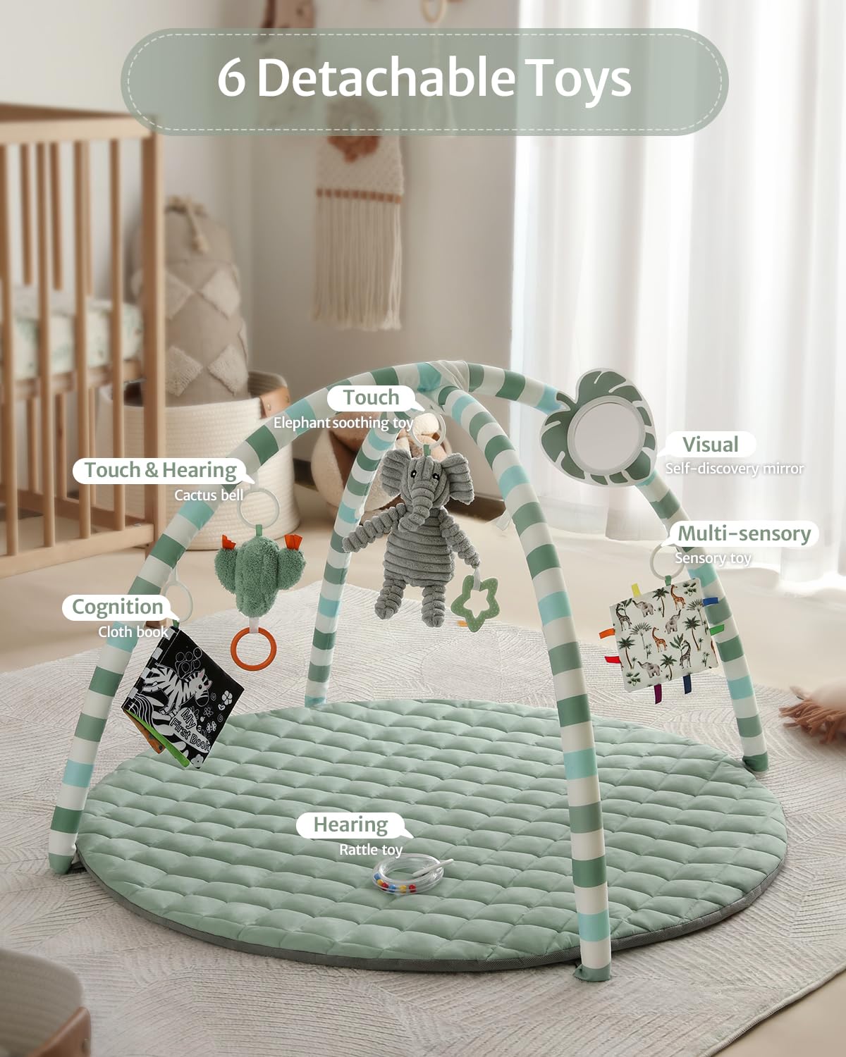 Blissful Diary Baby Play Gym Mat, Tummy Time Mat with 6 Detachable Toys for Stage-Based Sensory & Motor Skill Development, Baby Activity Mat Easy to Install & Clean, Baby Essentials Gift, Sage Green