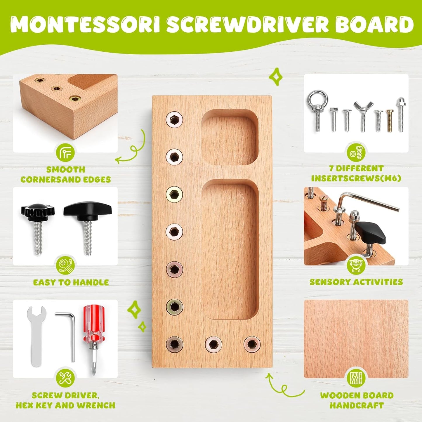 Montessori Busy Board for Toddlers 1-3 Years, Wooden Screwdriver Activity Board, Fine Motor Skills & Sensory Development Toy, Preschool Learning & Travel