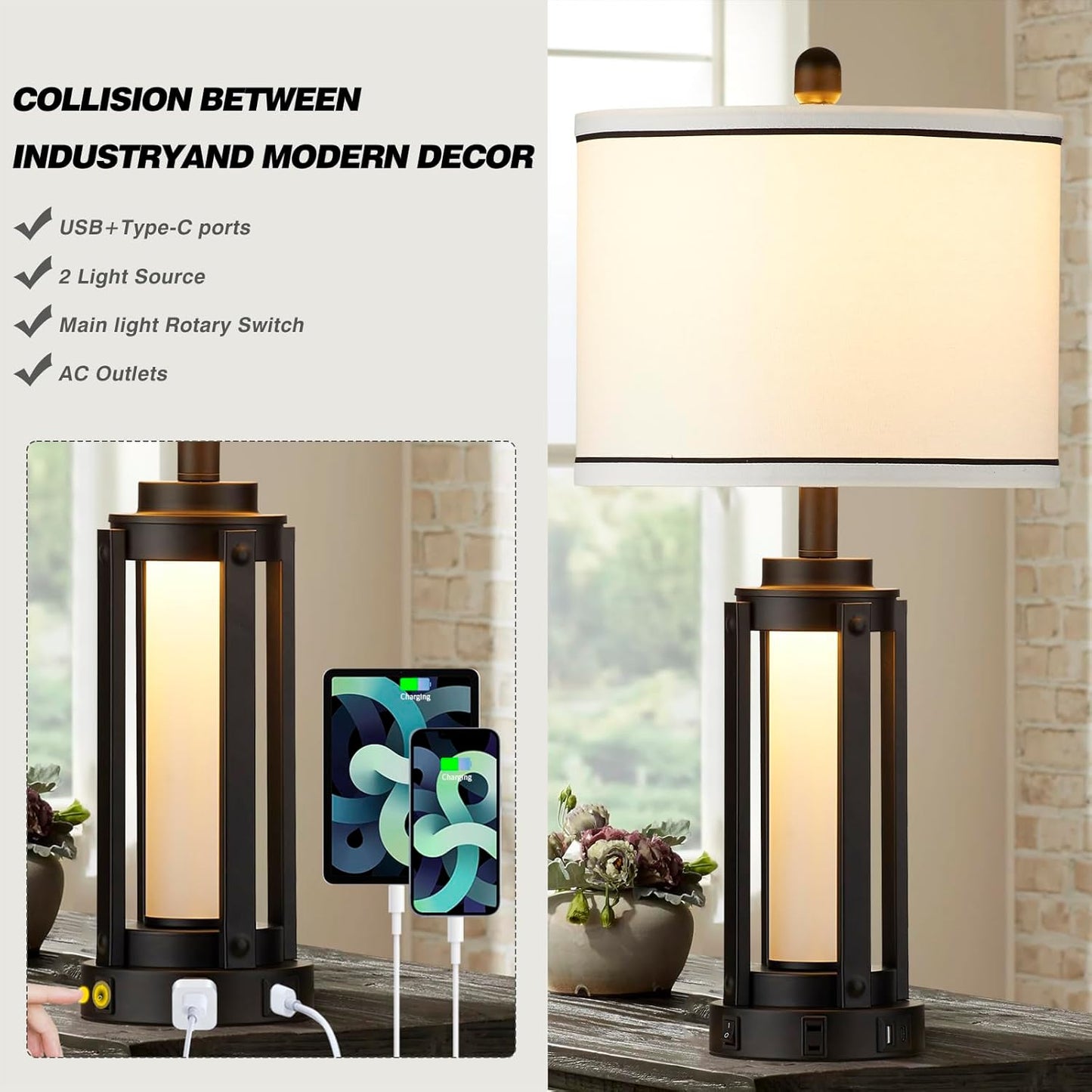 25" Modern Table Lamps Set of 2, Industrial Beside Lamps with USB A+C Charging Ports & AC Outlet, Nightstand Lamp with Glass Night Light for Living Room Bedroom End Table Decor White(4 Bulbs Included)