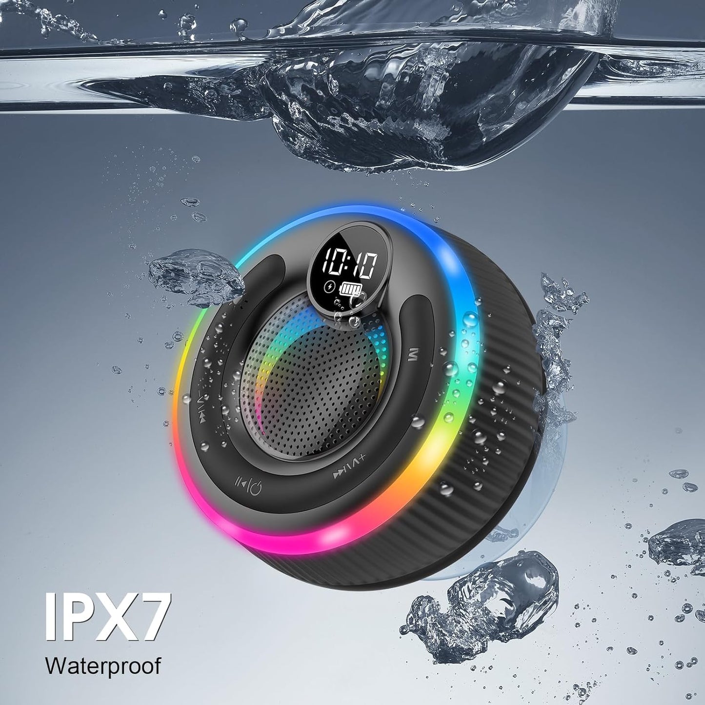 Bluetooth Speaker, HD Stereo Sound Shower Speaker, IPX7 Waterproof, Digital Display Portable with Suction Cup, LED Light, Small Wireless for Outdoor Party Beach Bathroom, Blue