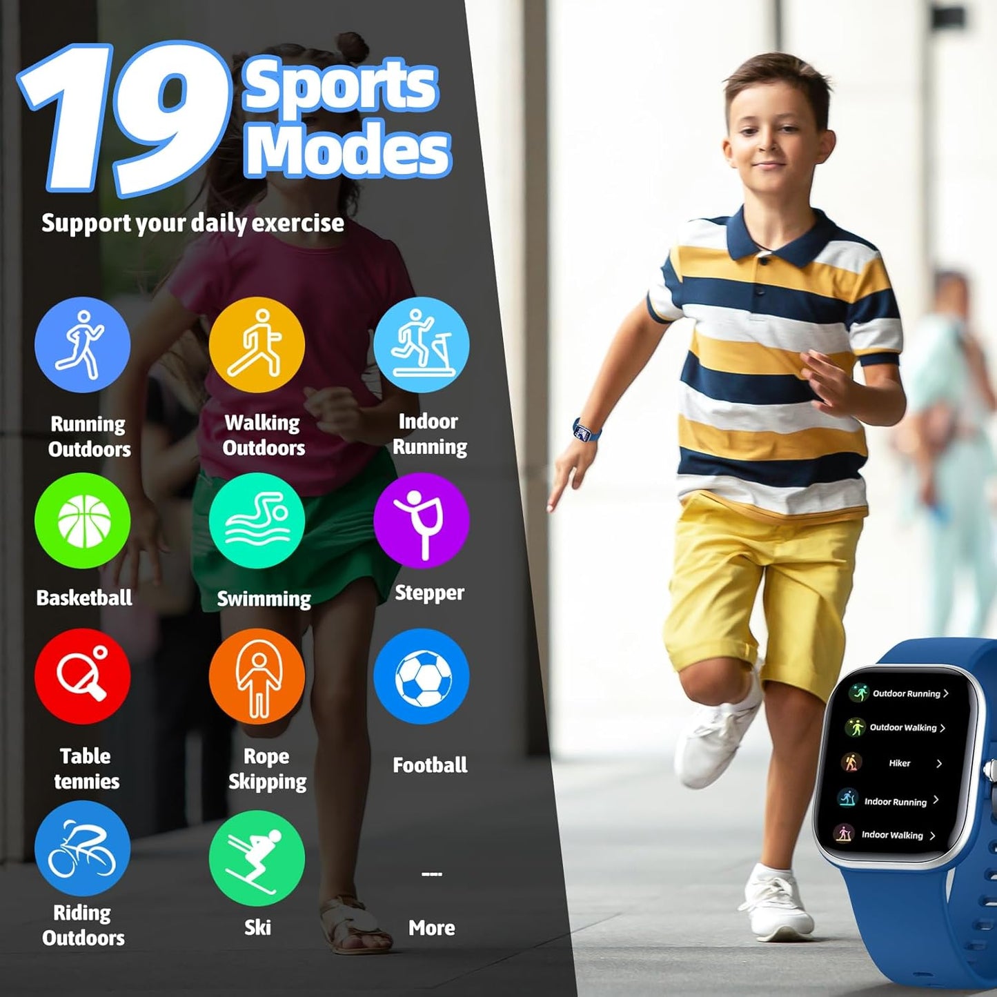 Smart Watch for Kids Fitness Tracker No Phone/APP Needed,19 Sport Mode,1.5" DIY Dial,IP68 Waterproof,Sleep Monitor,Pedometers,Heart Rate,Great Birthday Gift for Boys Girls Teens 6-14 Year Olds (Blue)