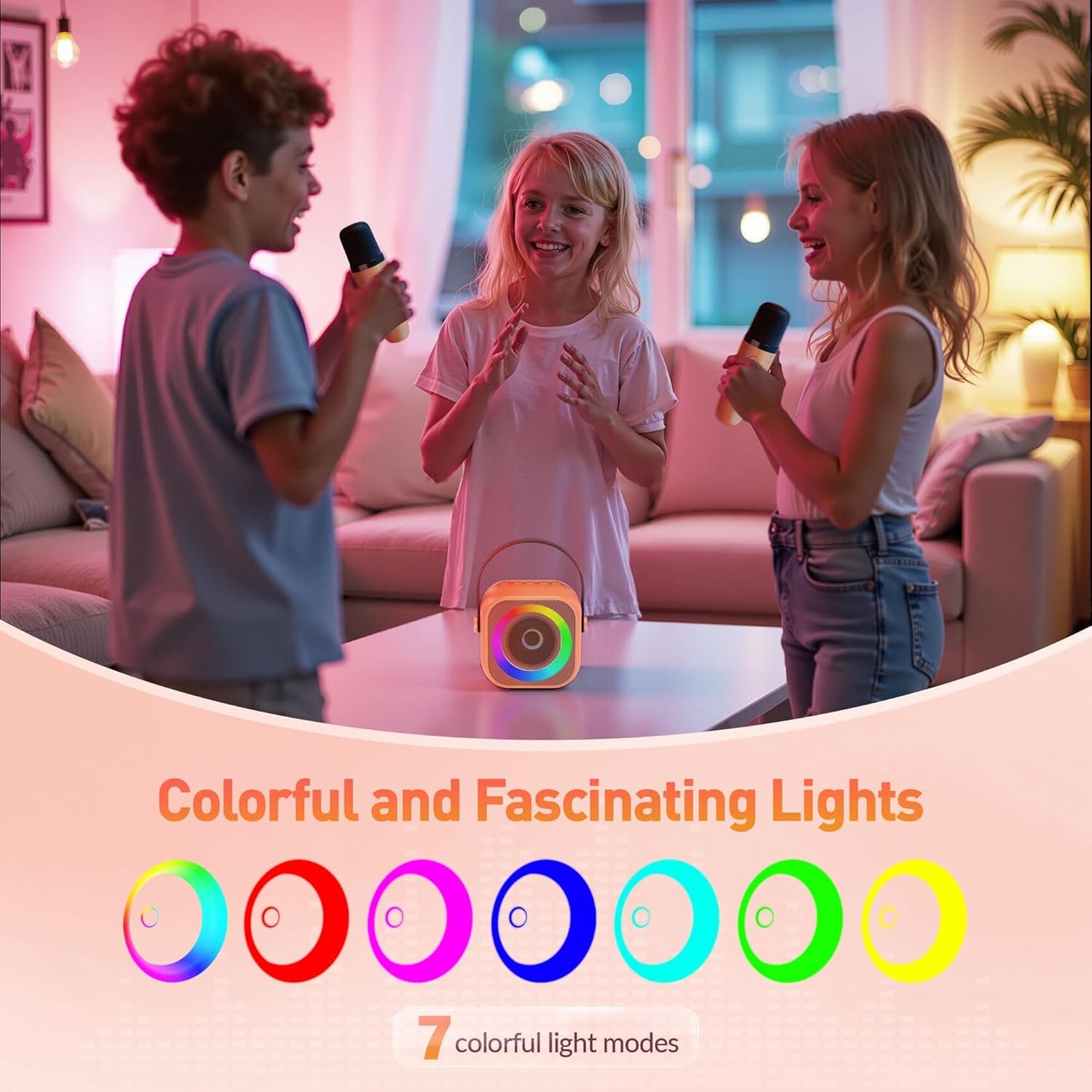 Karaoke Machine for Kids Adults: Mini Portable Karaoke Machine with 2 Wireless Microphones and Lights, Christmas Birthday Gifts for Girls Boys Family Home Party(Orange)