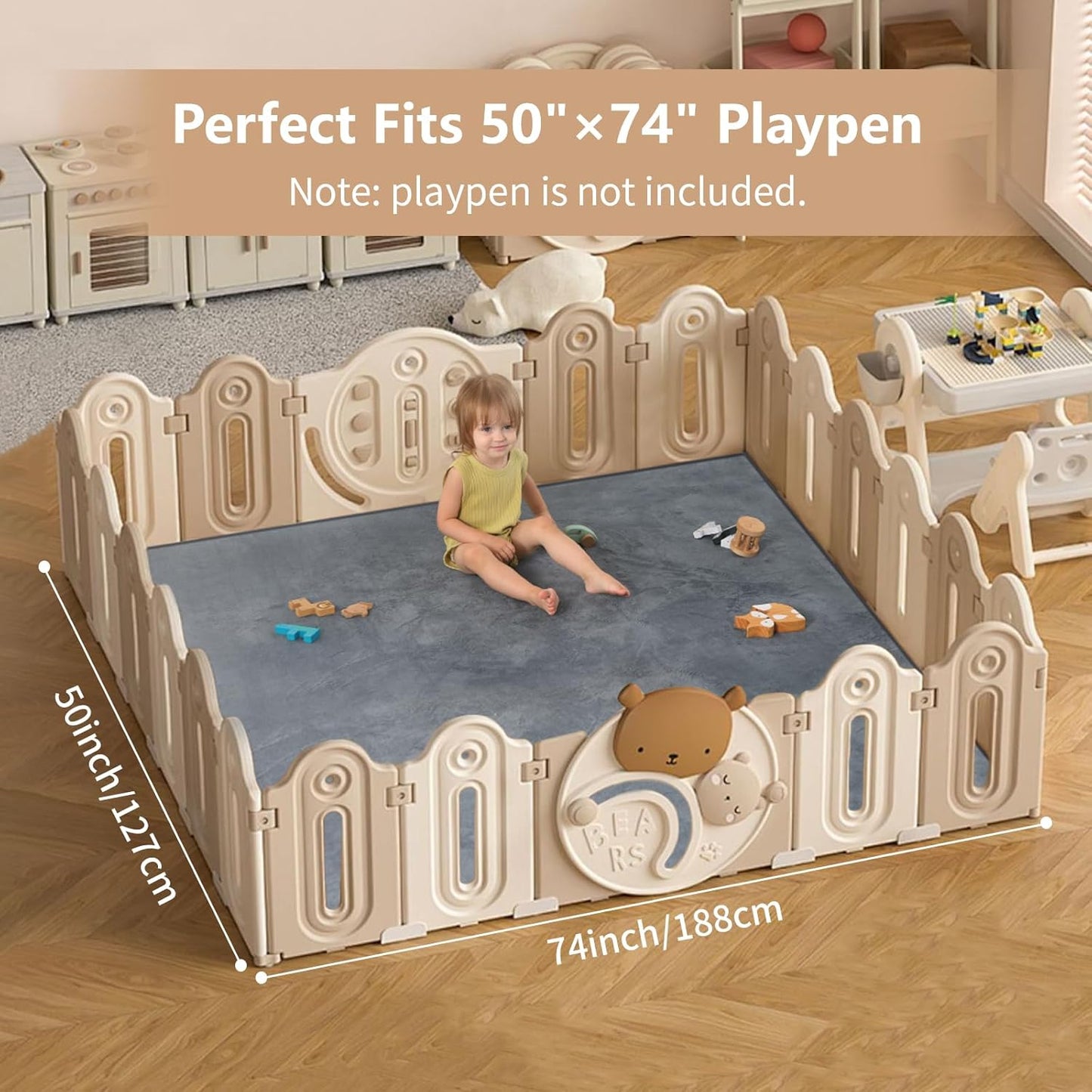 Baby Play Mat for Floor,1.3" Thick Elasti-Foam 50"×74" Playpen Mat for Tummy Time,Water Repellent Soft Coral Velvet for Toddler,Infant,Kids,Non-Slip Backing Safe for Crawling(Dark Grey)