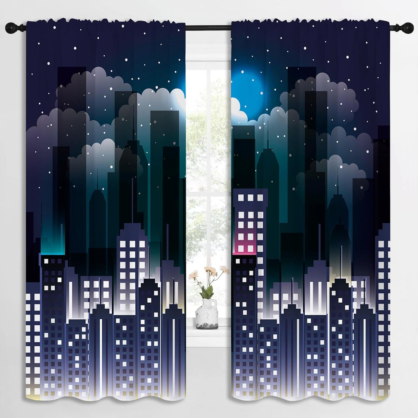 Superhero Rod Pocket Blackout Curtains for Boy Girl Bedroom, Violet Night Sky Buildings Cityscape Home Energy Efficient Light Filtering Window Curtain for Living Room, 84x63 inch