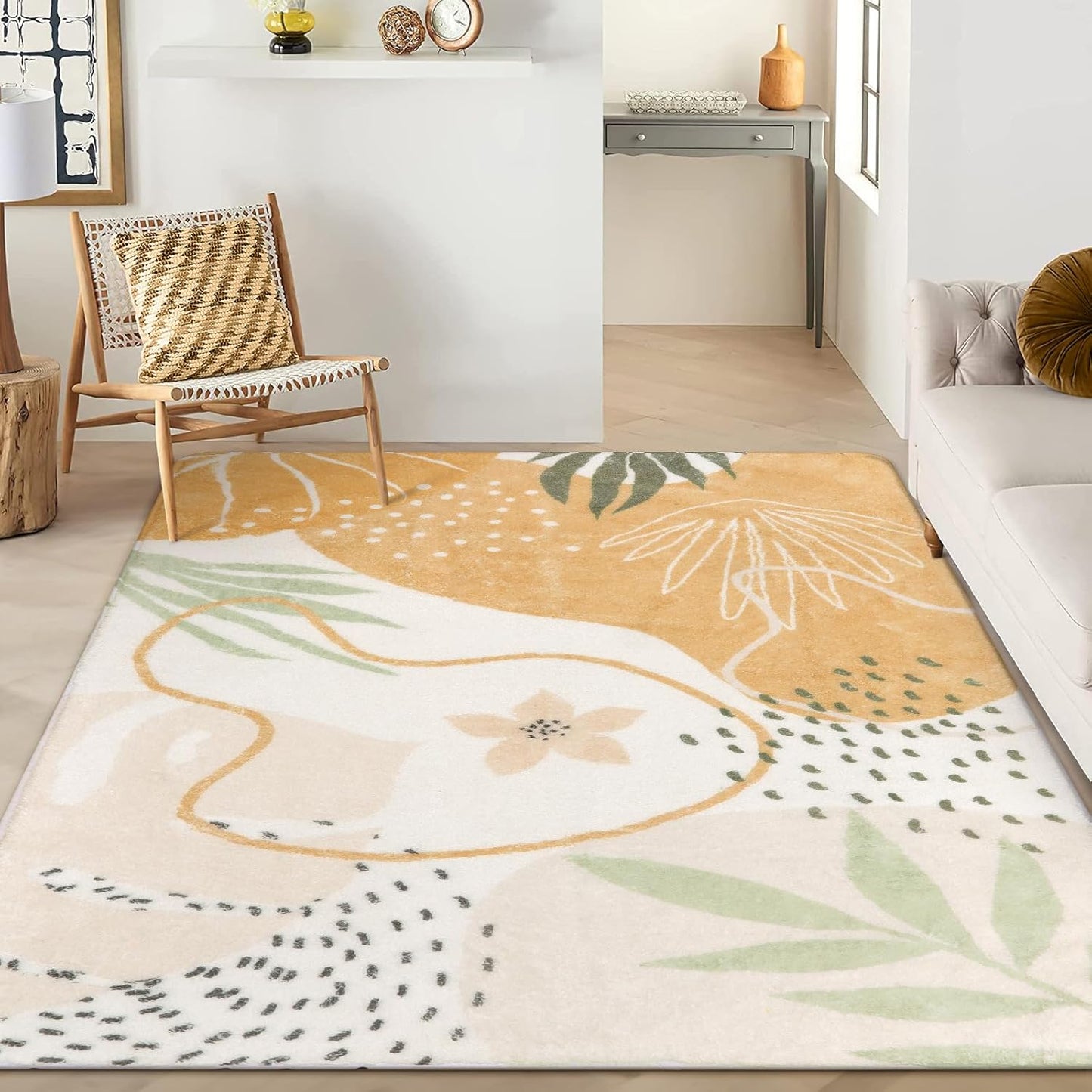Lahome Boho Rugs for Living Room 8x10 - Washable Non-Slip Backing Large Carpet Ultra-Thin Throw Soft Bedroom Area Rug，Taupe Botanical Print Ultra-Thin Rug for Classroom Nursery Dining Room Farmhouse