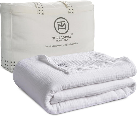 Threadmill Summer Muslin King Size Blanket | 4 Layer 100% Cotton Gauze Blanket | Lightweight, Soft, and Breathable Muslin Blanket for All Seasons | White