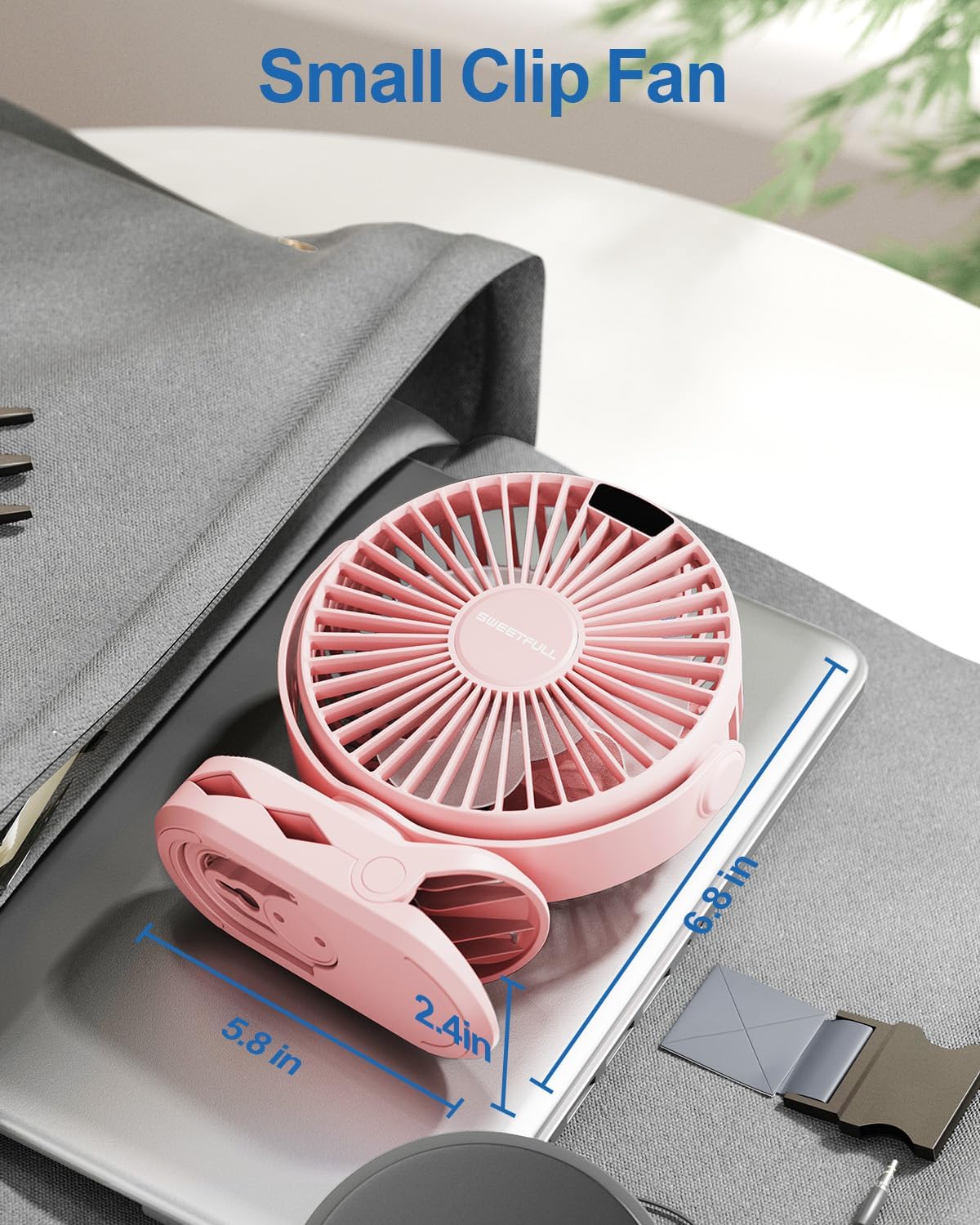 SWEETFULL Portable Clip on Fan - Battery Operated Stroller Fan, 4000mAh Small Rechargeable Fans with LED Display, 4 Speeds, Mini Personal Cooling Desk Cooler for Golf Cart Travel Camping Gym (Pink)